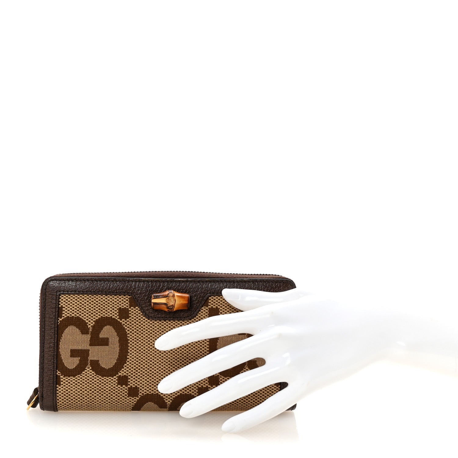 Monogram Jumbo GG Textured Dollar Calfskin Diana Zip Around Continental Wallet Camel Ebony New Acero