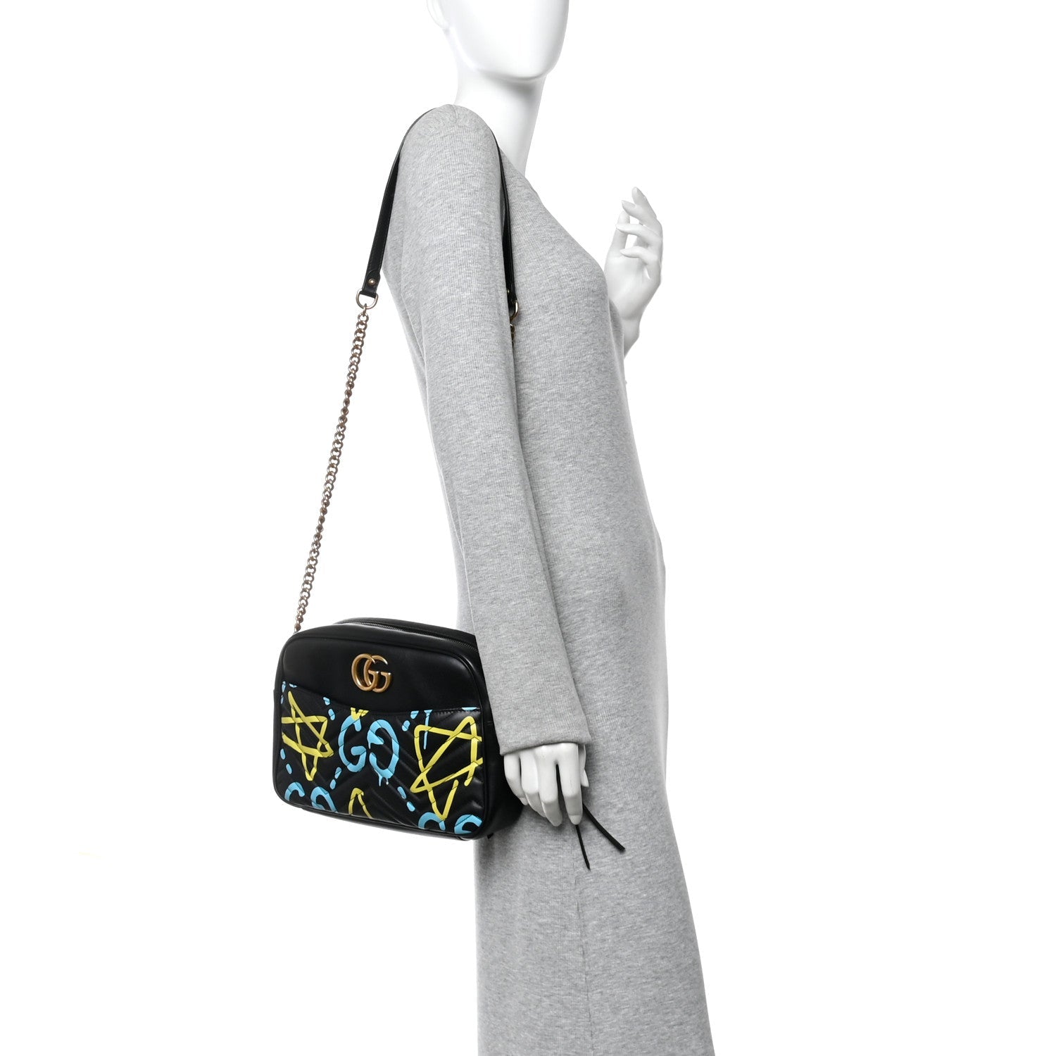 Calfskin Matelasse GucciGhost Medium GG Marmont Chain Shoulder Bag Black New Acquamarine