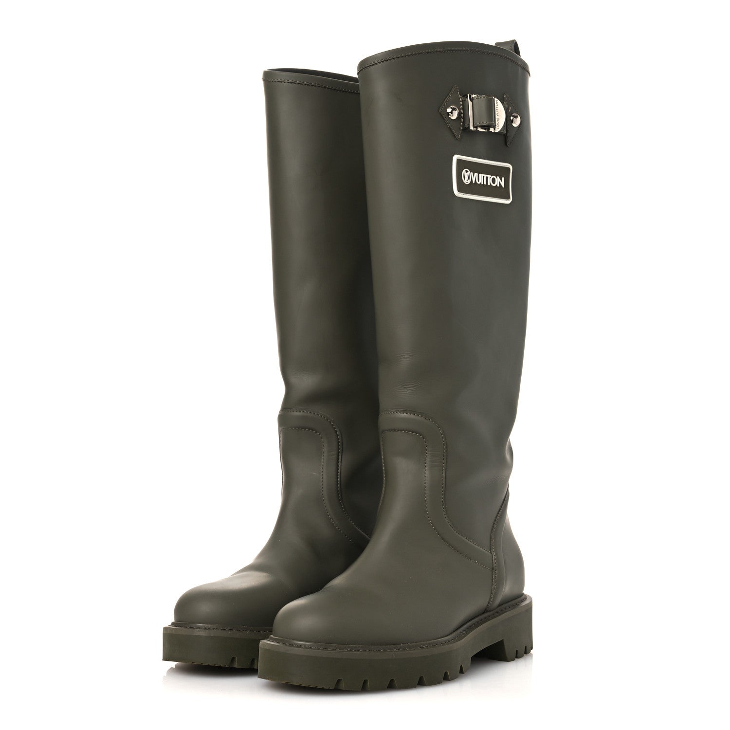 Rubber Calfskin Territory Flat High Boots 36 Khaki