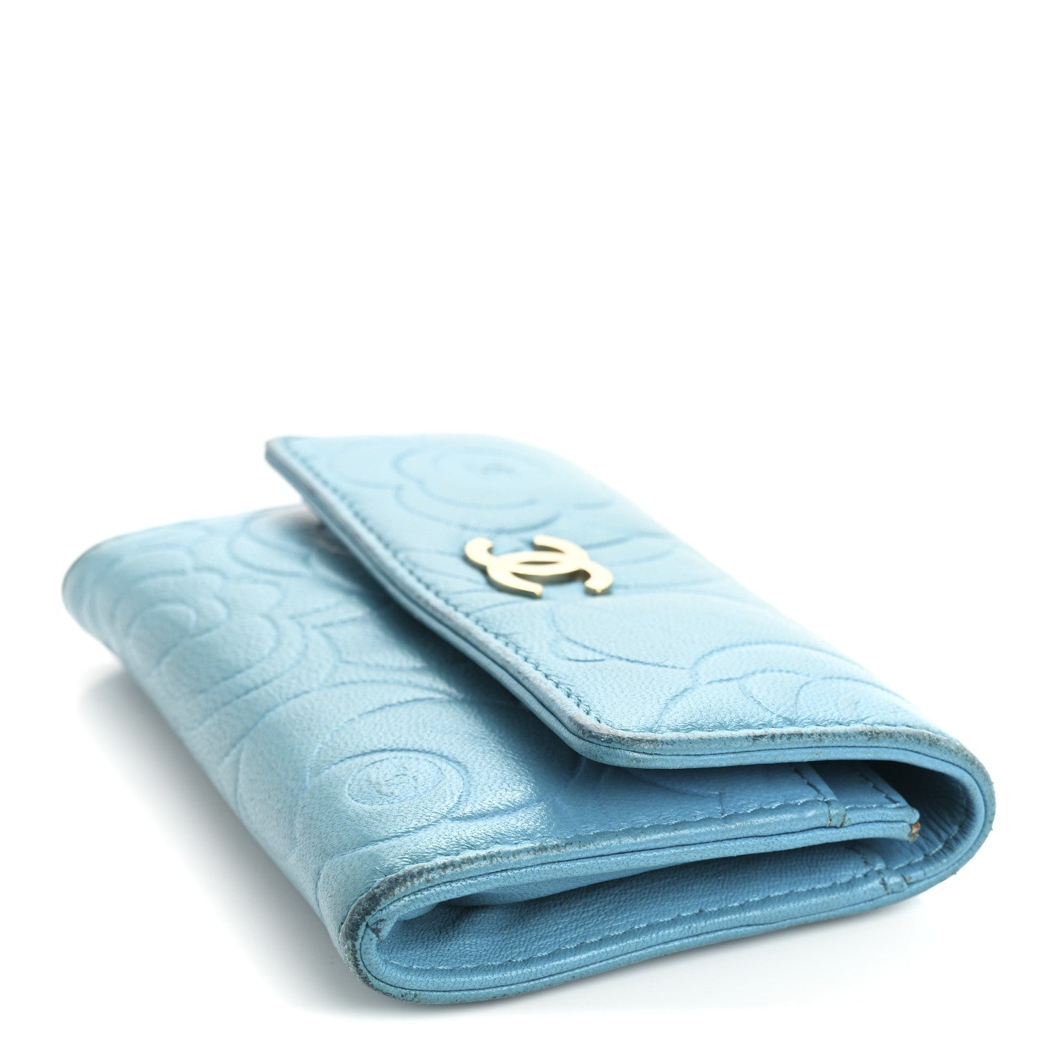 Lambskin Camellia Embossed Flap Card Holder Blue