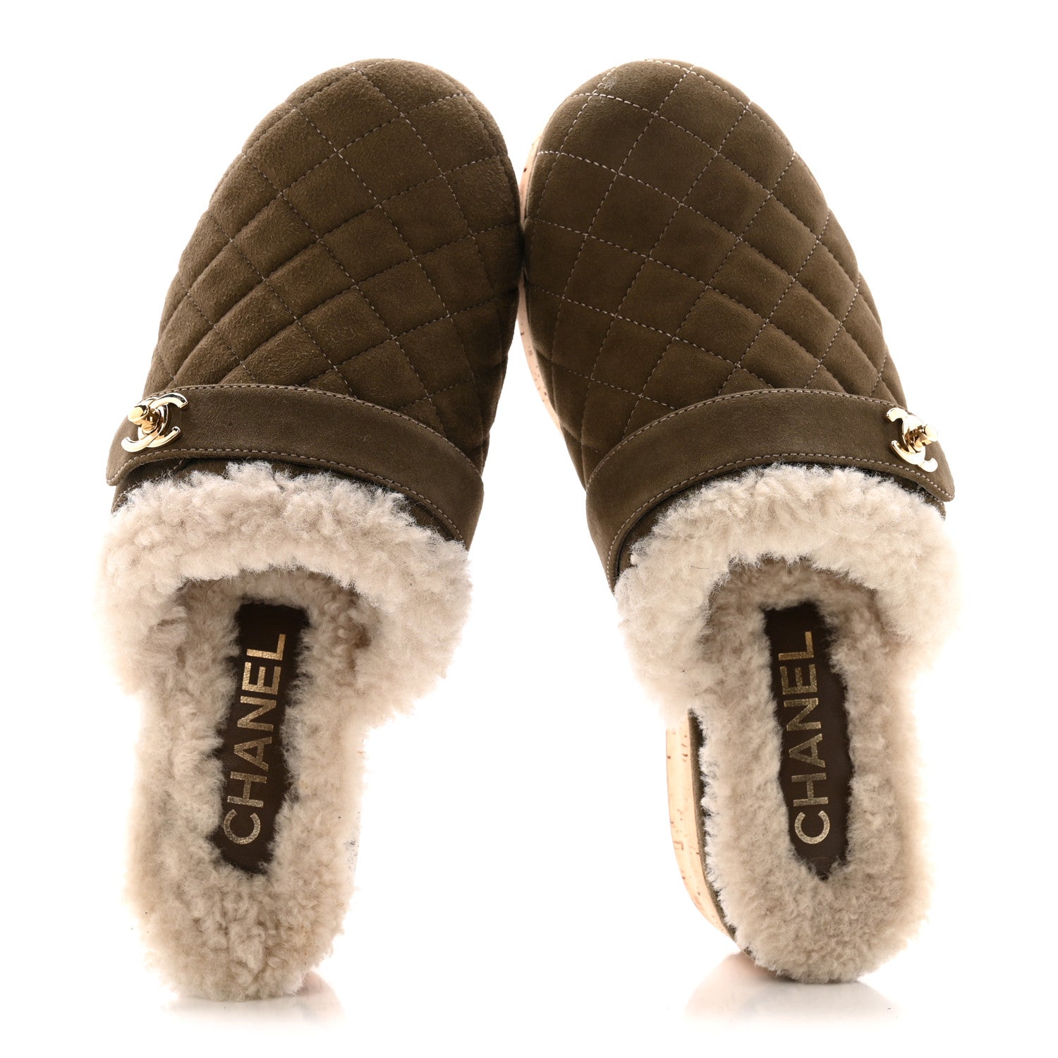Suede Calfskin Shearling Turn Lock Clogs 38 Green
