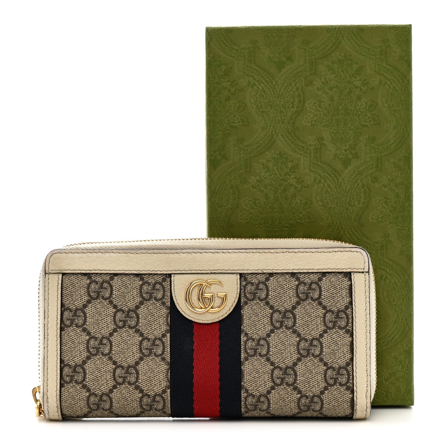 GG Supreme Monogram Textured Dollar Calfskin Web Ophidia Zip Around Wallet Beige Ebony Mystic White