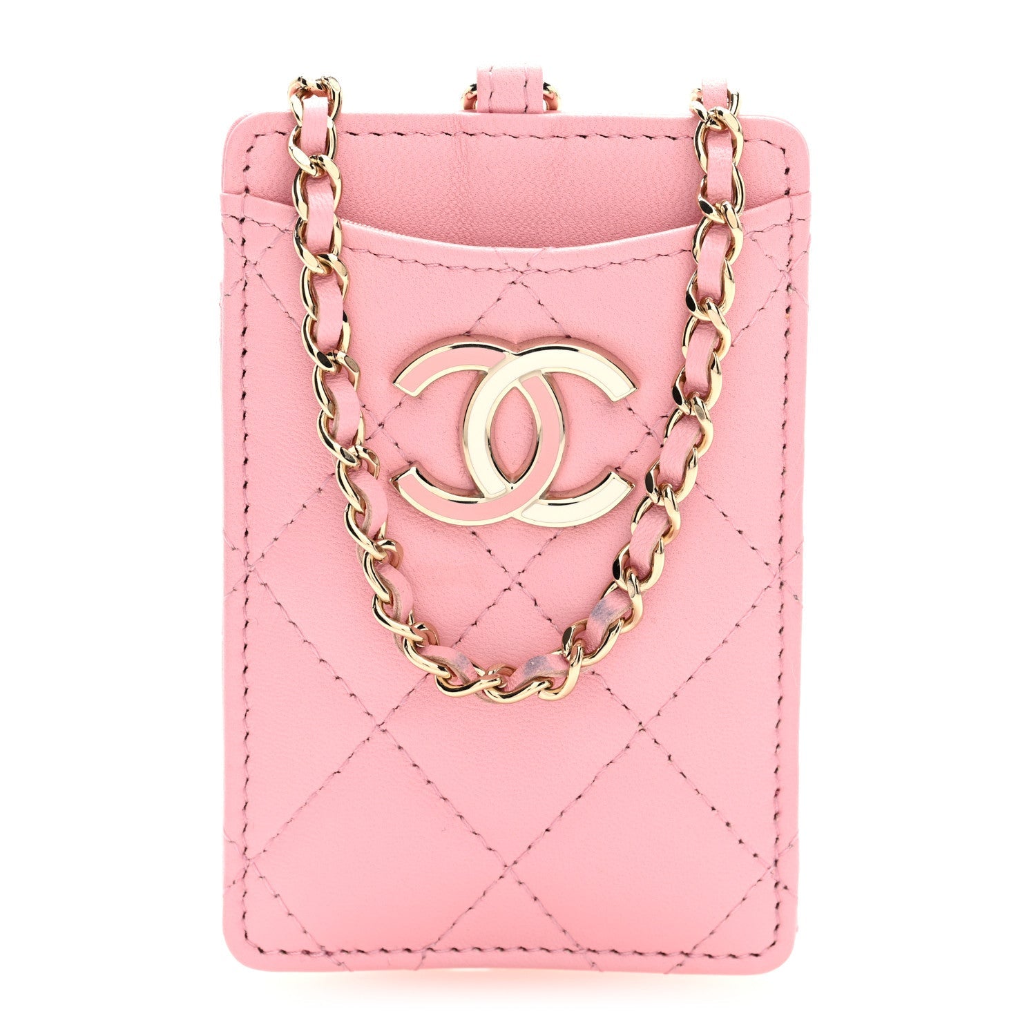 Lambskin Quilted Chanel Card Holder On Chain Pink