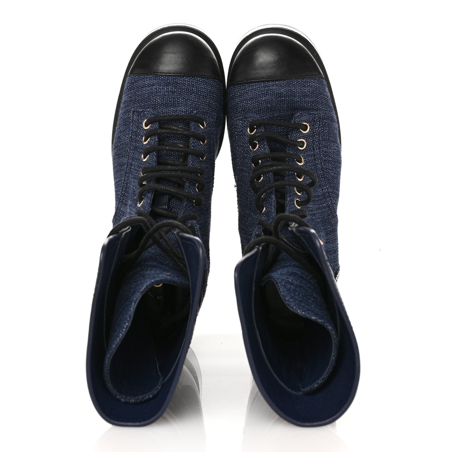 Fabric Patent Lambskin Quilted CC Lace Up Combat Boots 37 Navy Blue Black