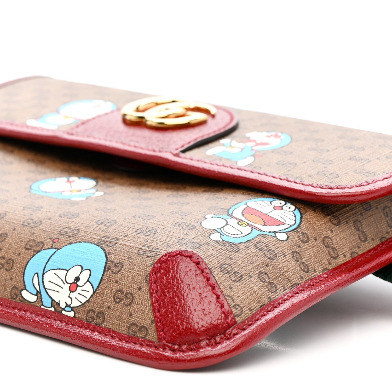 X DORAEMON Mini Vintage GG Supreme Monogram Web Slim Belt Bag Beige Cherry Red