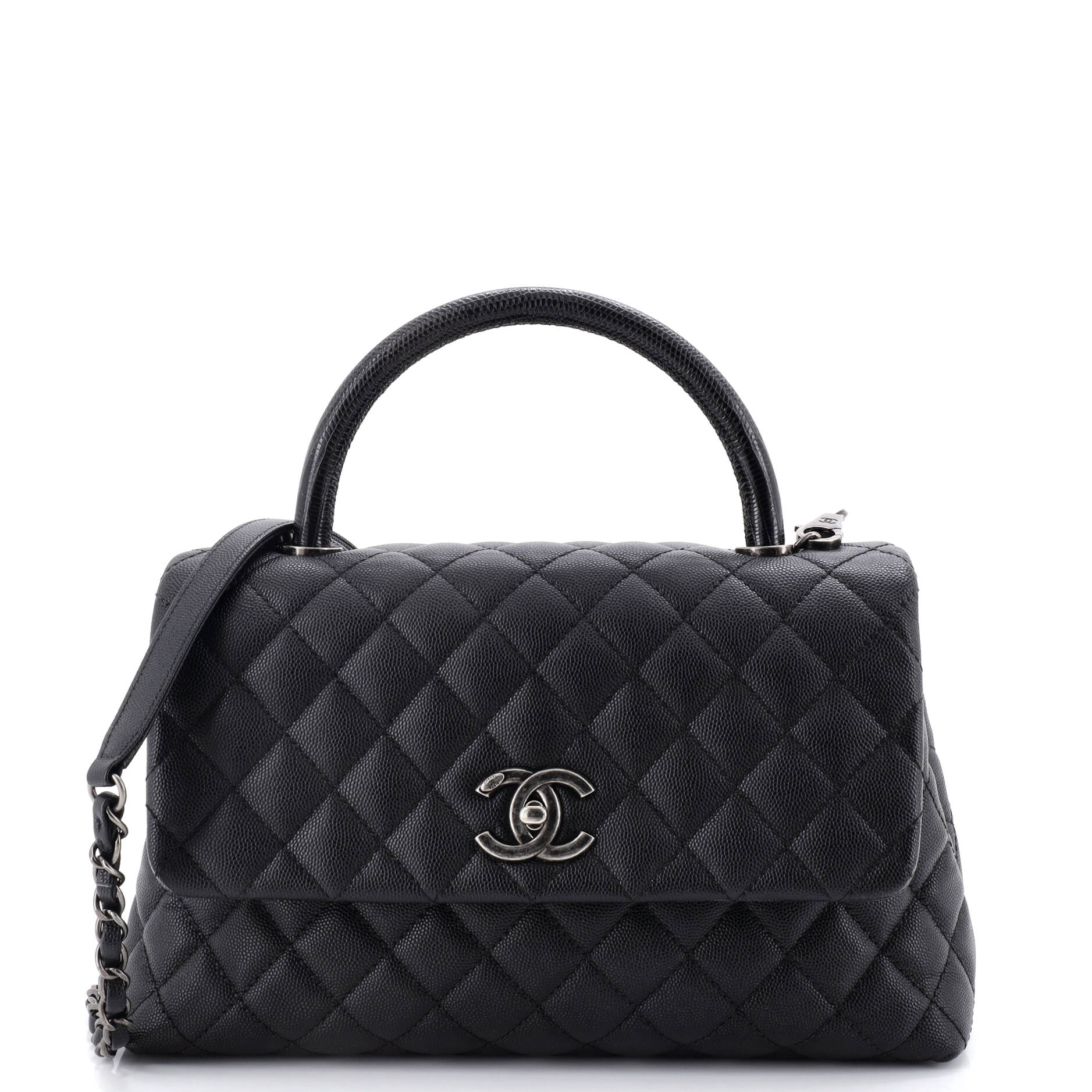 Coco Top Handle Bag Quilted Caviar with Lizard Embossed Handle Small