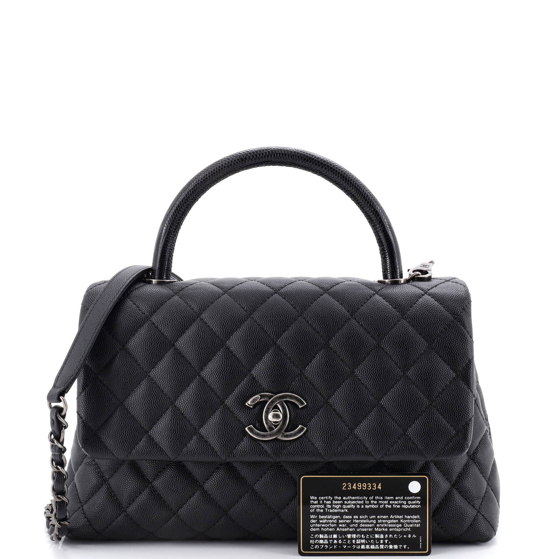 Coco Top Handle Bag Quilted Caviar with Lizard Embossed Handle Small