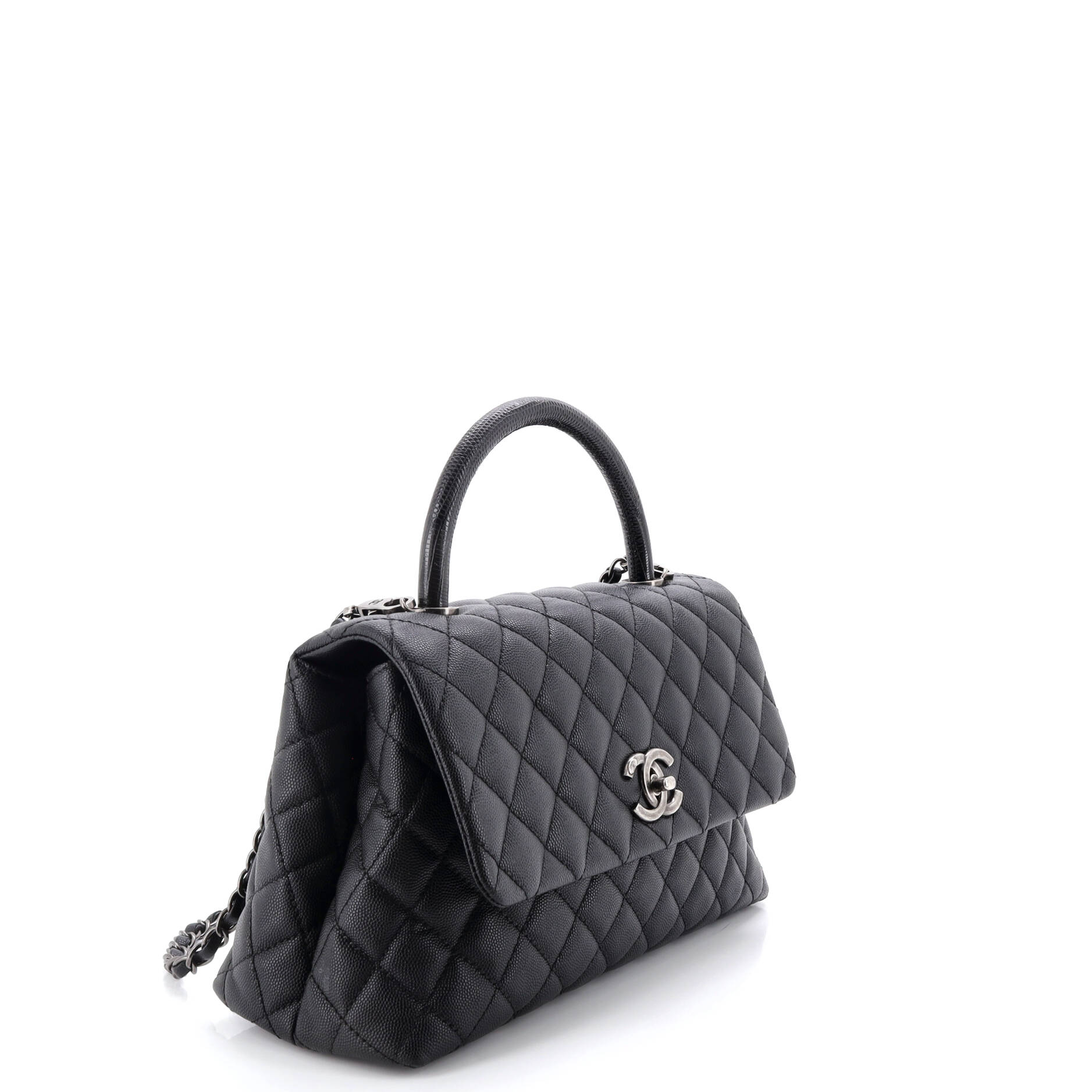 Coco Top Handle Bag Quilted Caviar with Lizard Embossed Handle Small