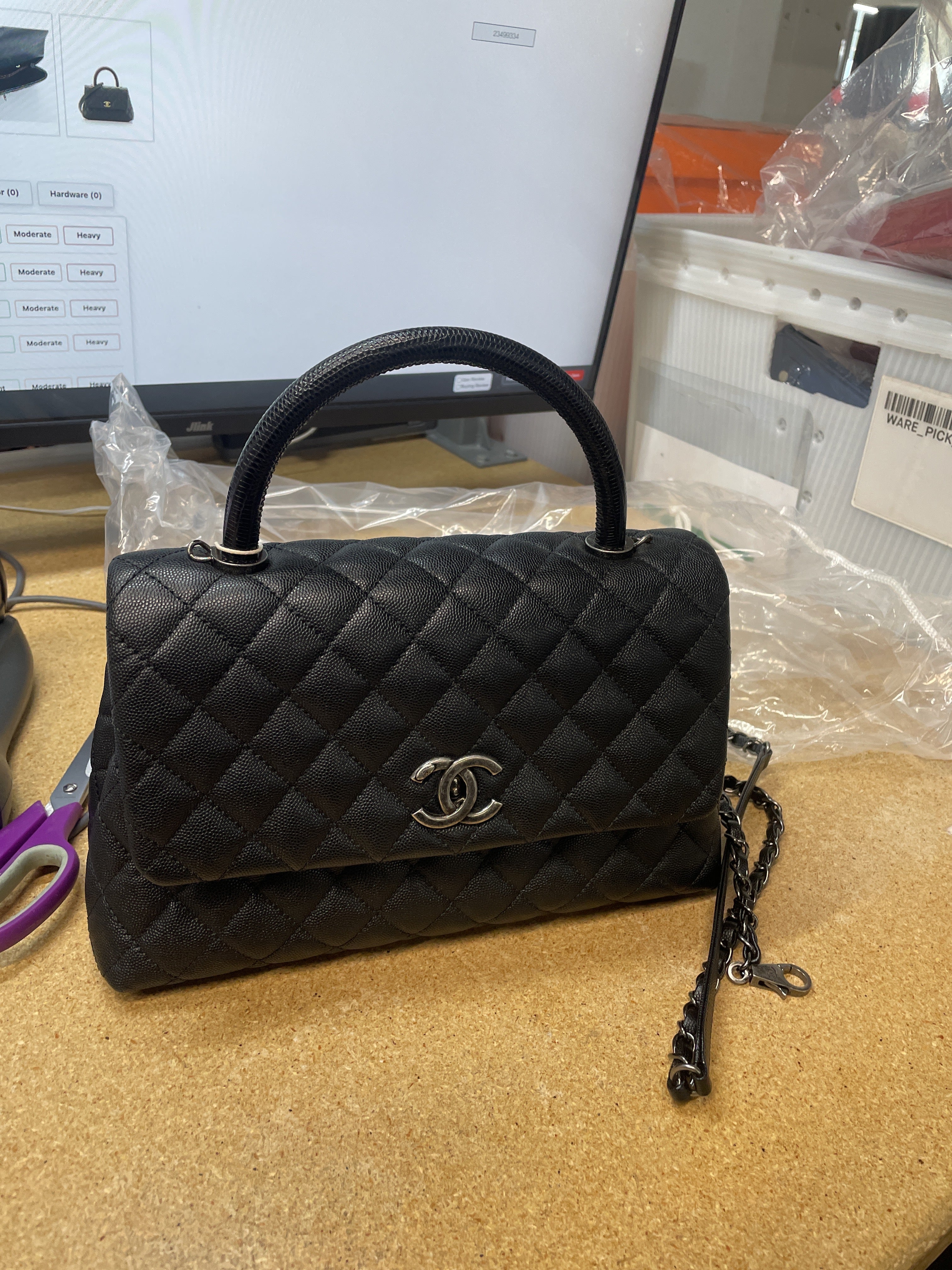 Coco Top Handle Bag Quilted Caviar with Lizard Embossed Handle Small