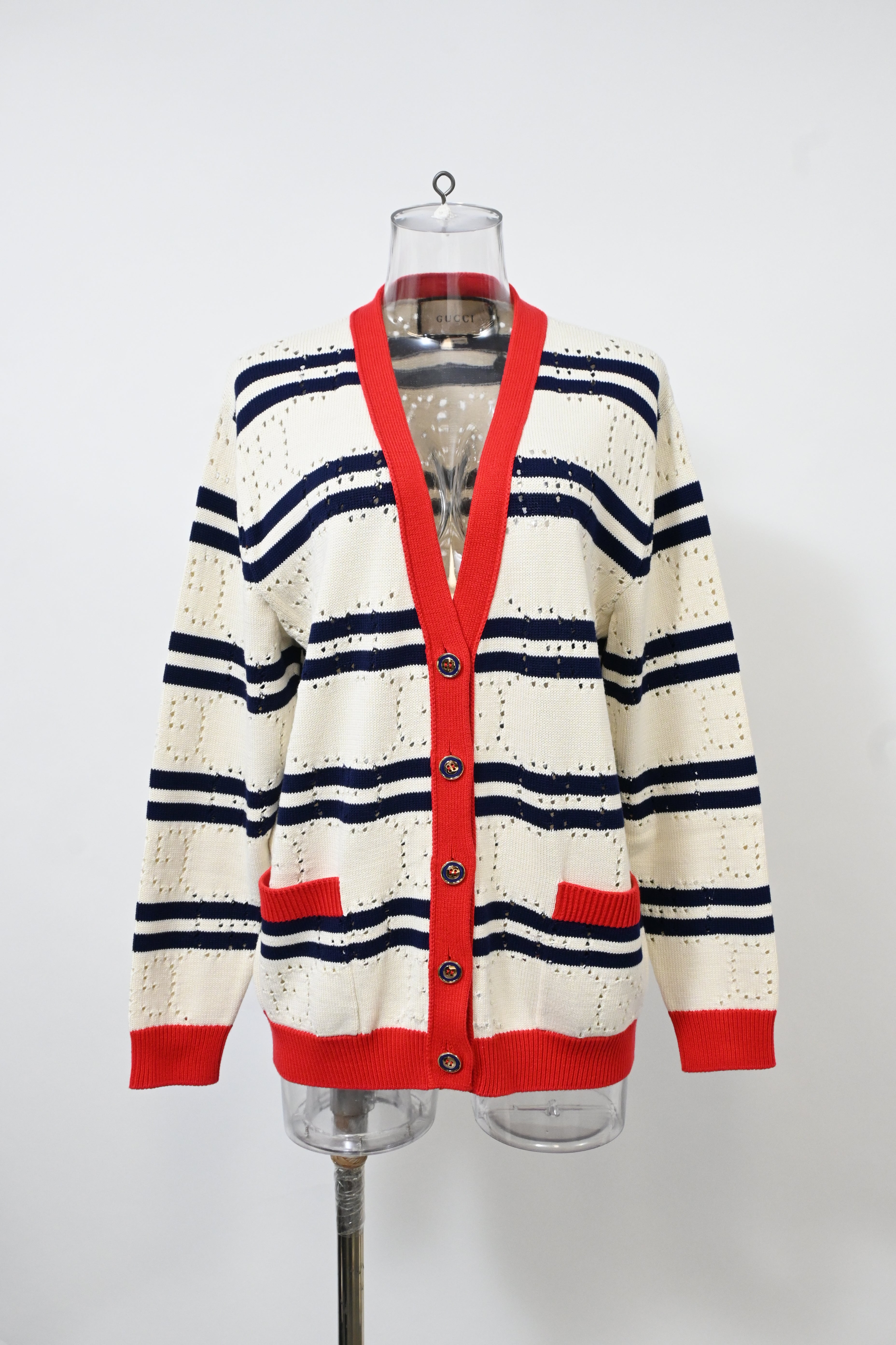 Women's Gucci Love Parade Pointelle-Knit Striped Button-Down Cardigan in Cream Cotton