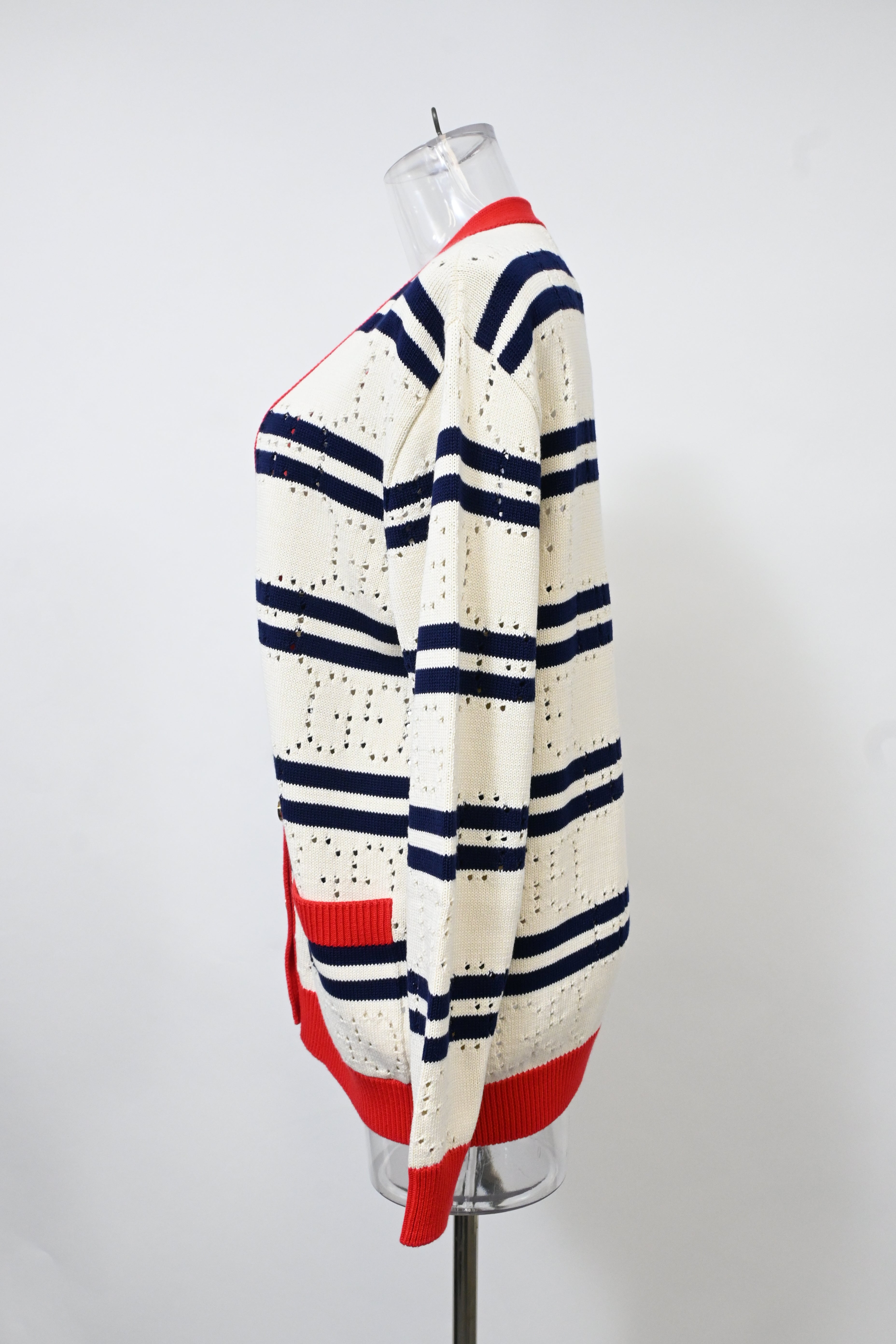 Women's Gucci Love Parade Pointelle-Knit Striped Button-Down Cardigan in Cream Cotton
