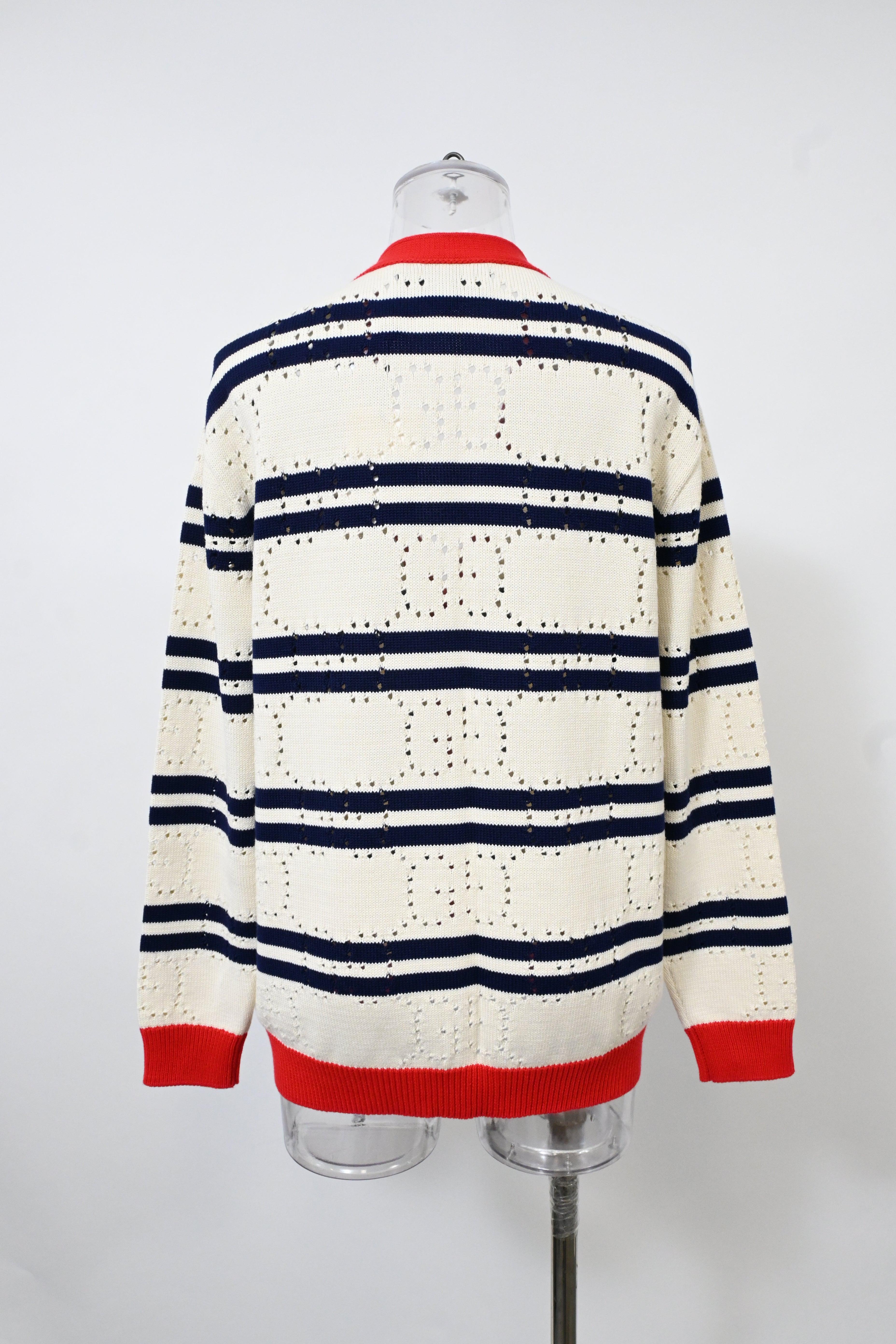 Women's Gucci Love Parade Pointelle-Knit Striped Button-Down Cardigan in Cream Cotton
