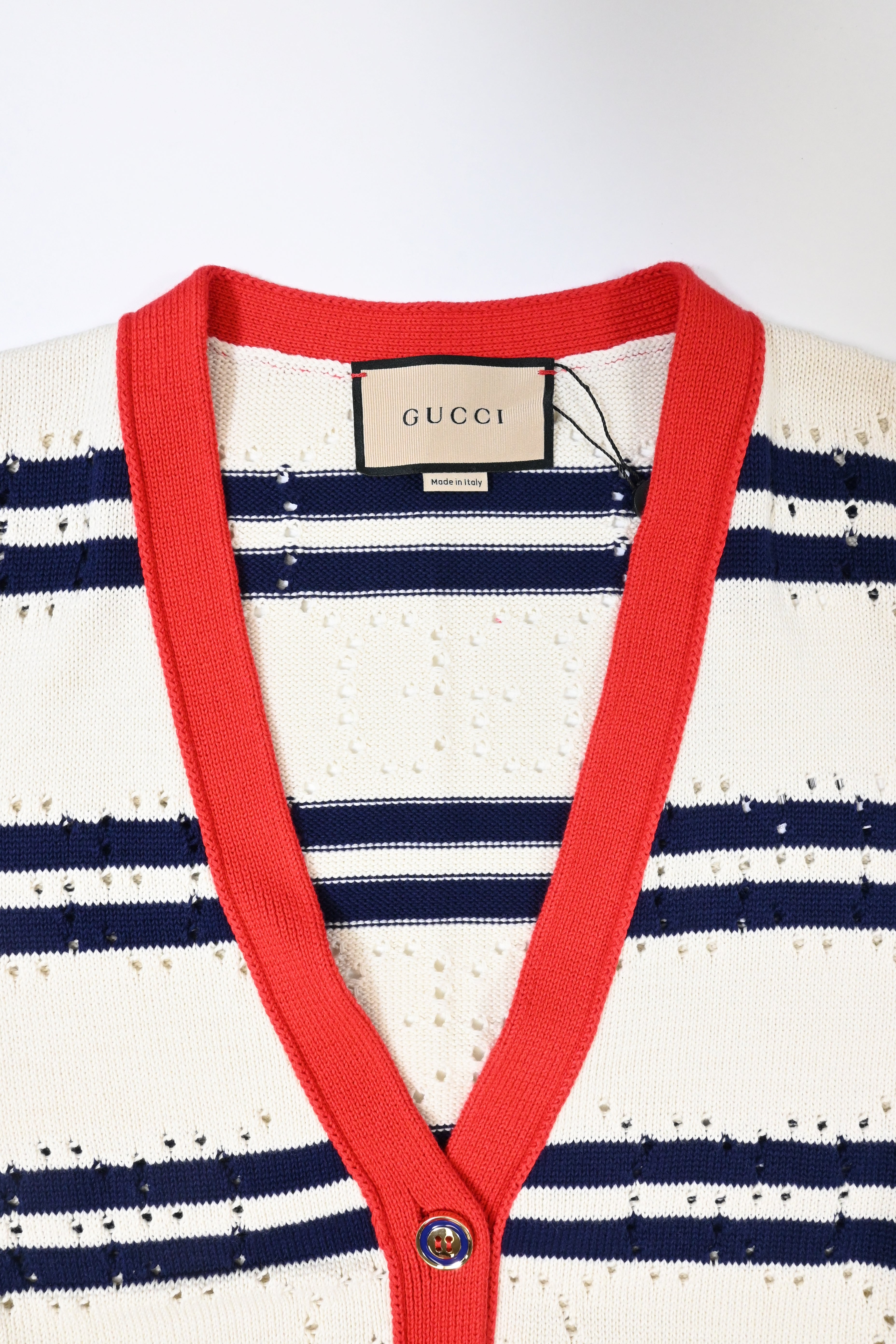 Women's Gucci Love Parade Pointelle-Knit Striped Button-Down Cardigan in Cream Cotton