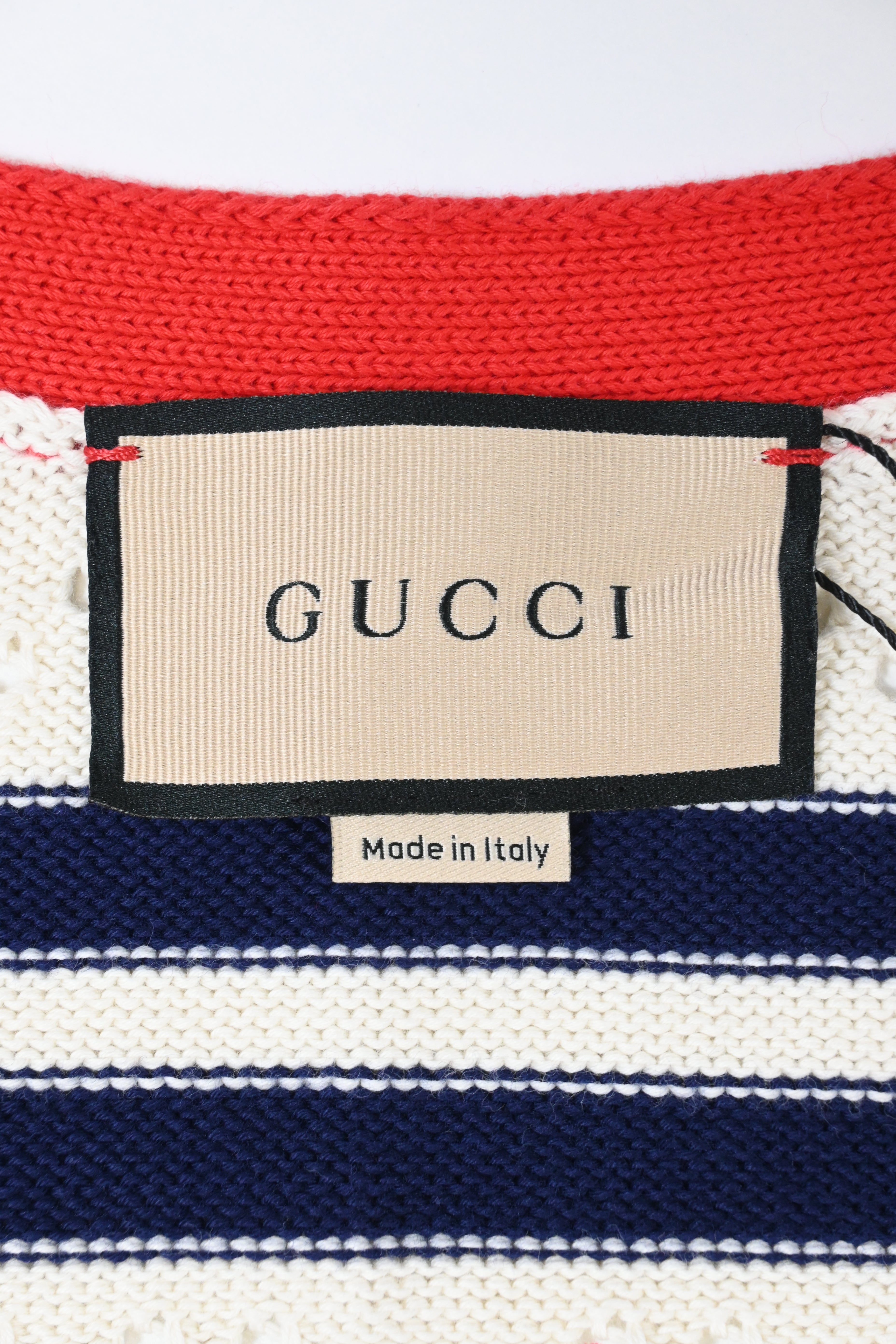 Women's Gucci Love Parade Pointelle-Knit Striped Button-Down Cardigan in Cream Cotton