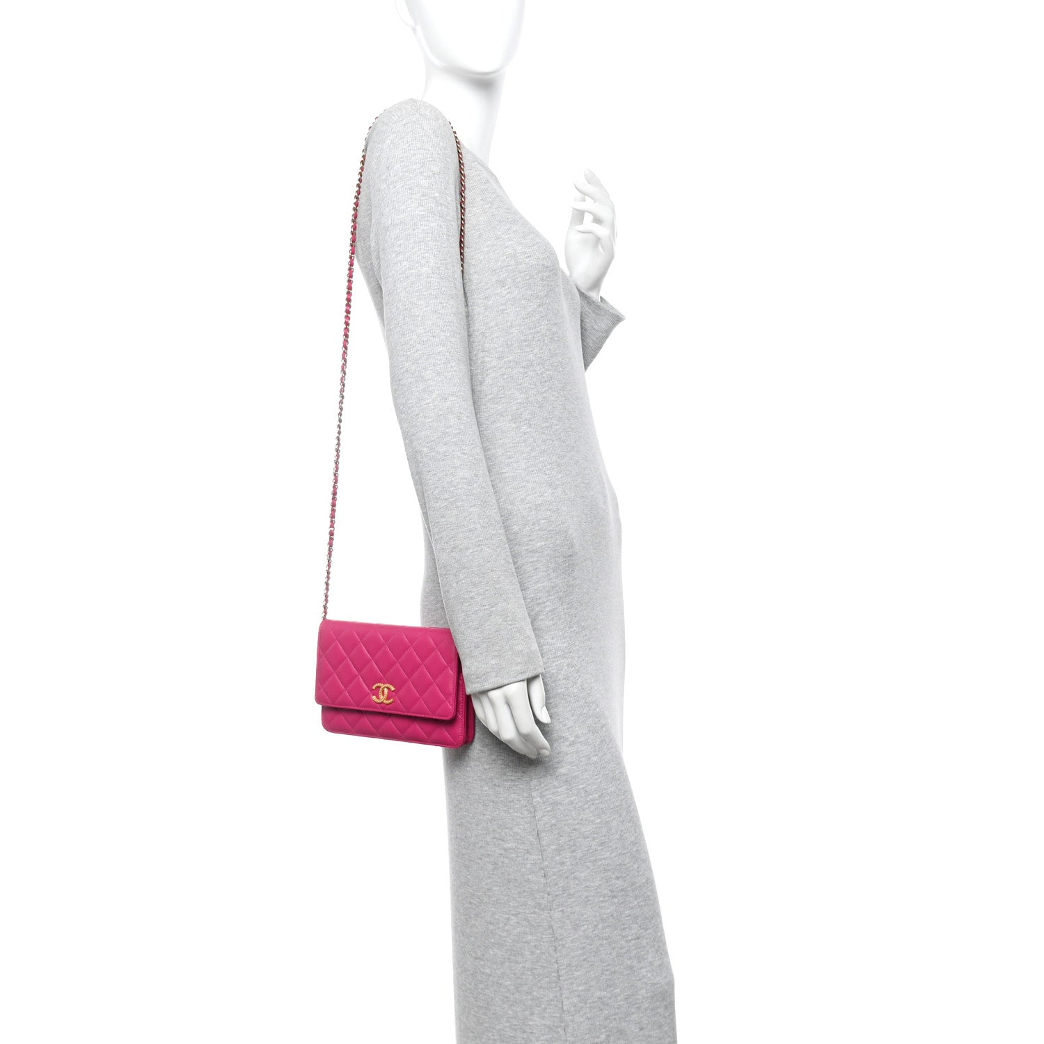Lambskin Quilted Studded CC Wallet On Chain WOC Dark Pink