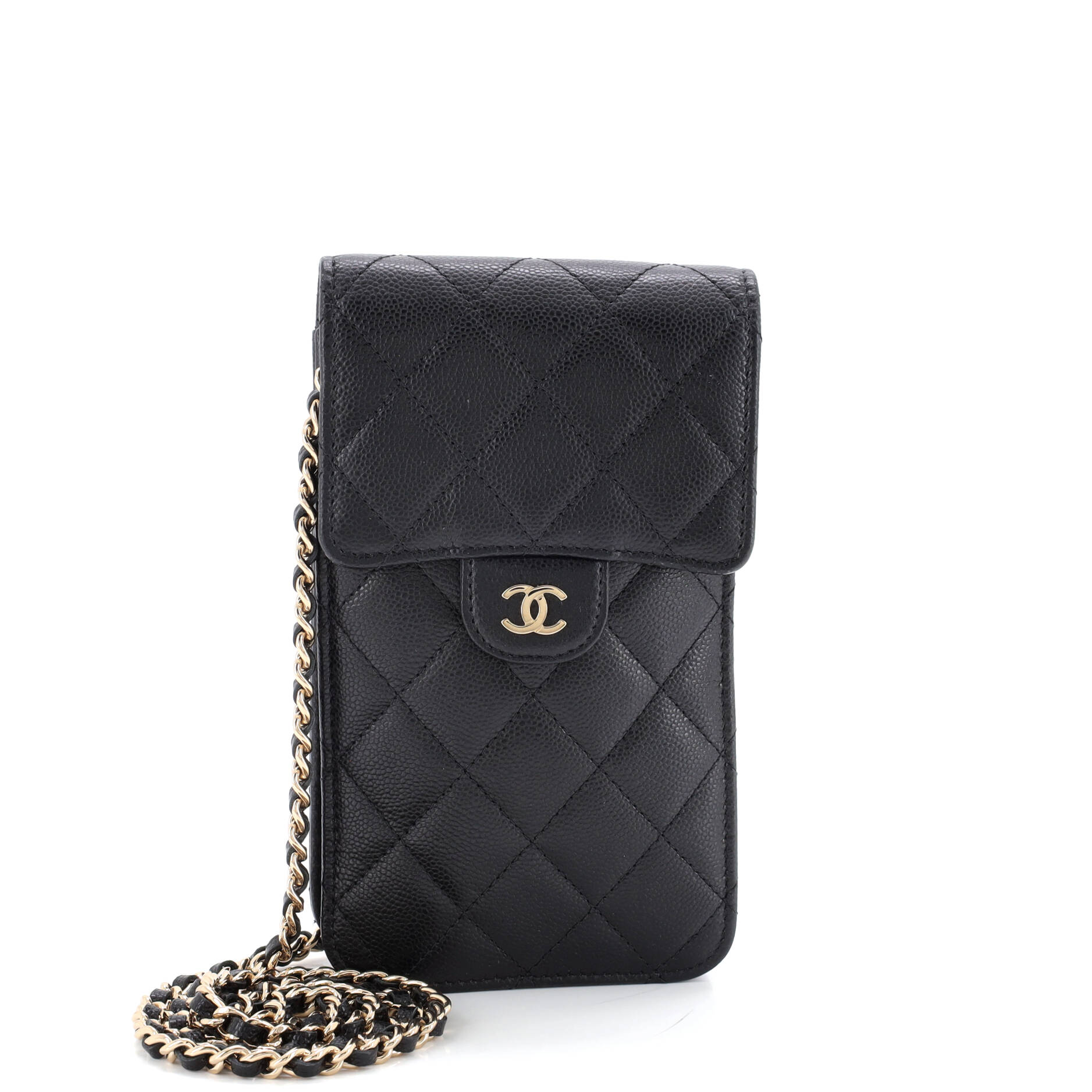 Button on Top Flap Wallet on Chain Quilted Shiny Lambskin