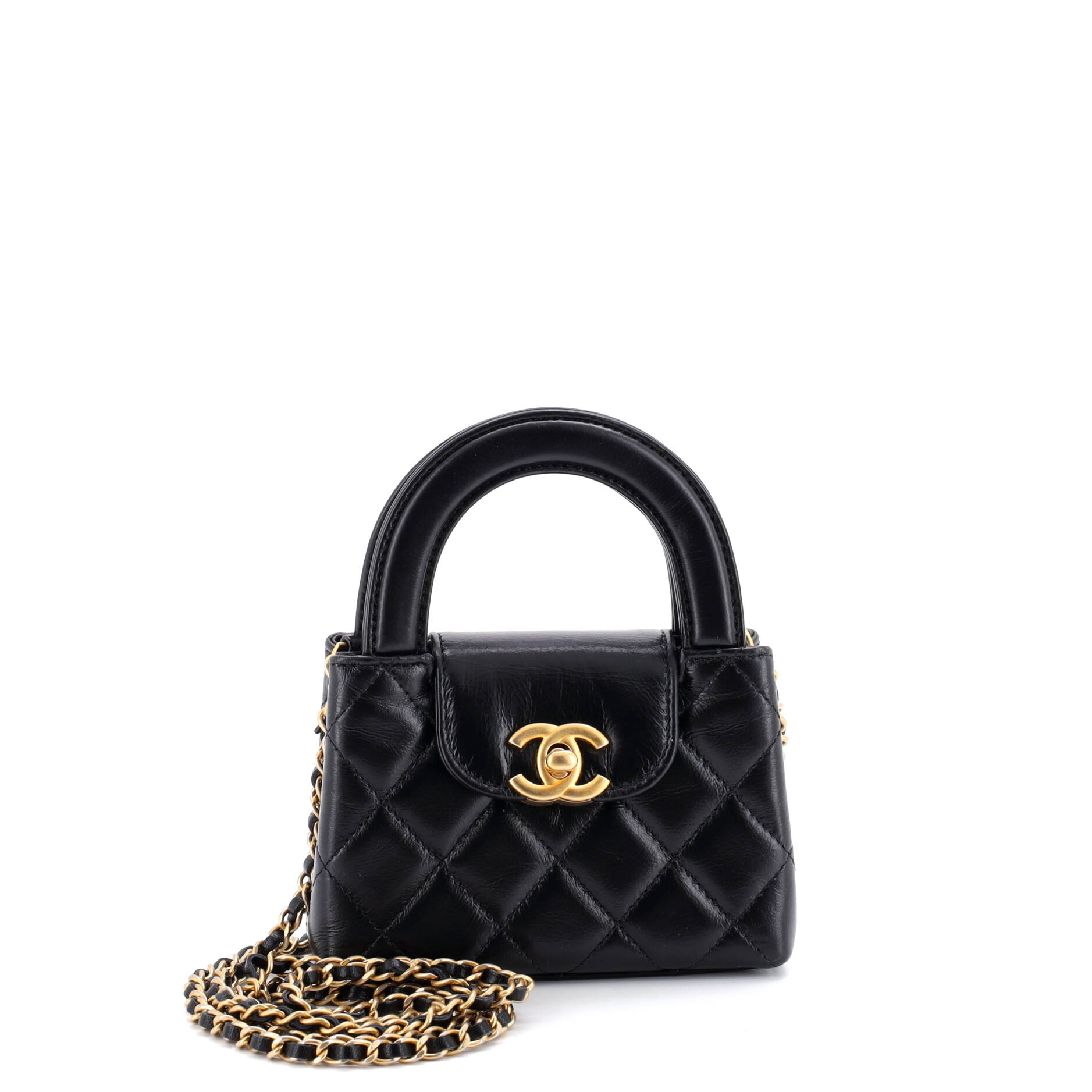 Kelly Top Handle Shopping Bag Quilted Shiny Aged Calfskin Nano