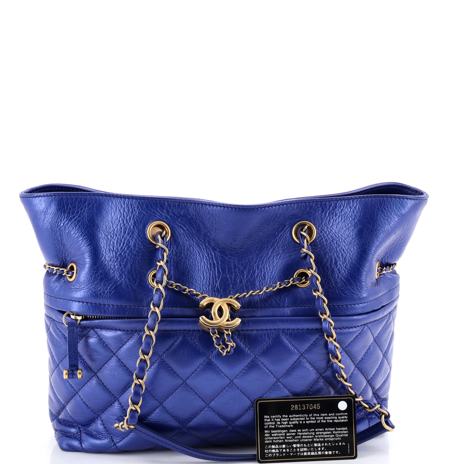Front Zip CC Drawstring Chain Tote Quilted Calfskin Medium