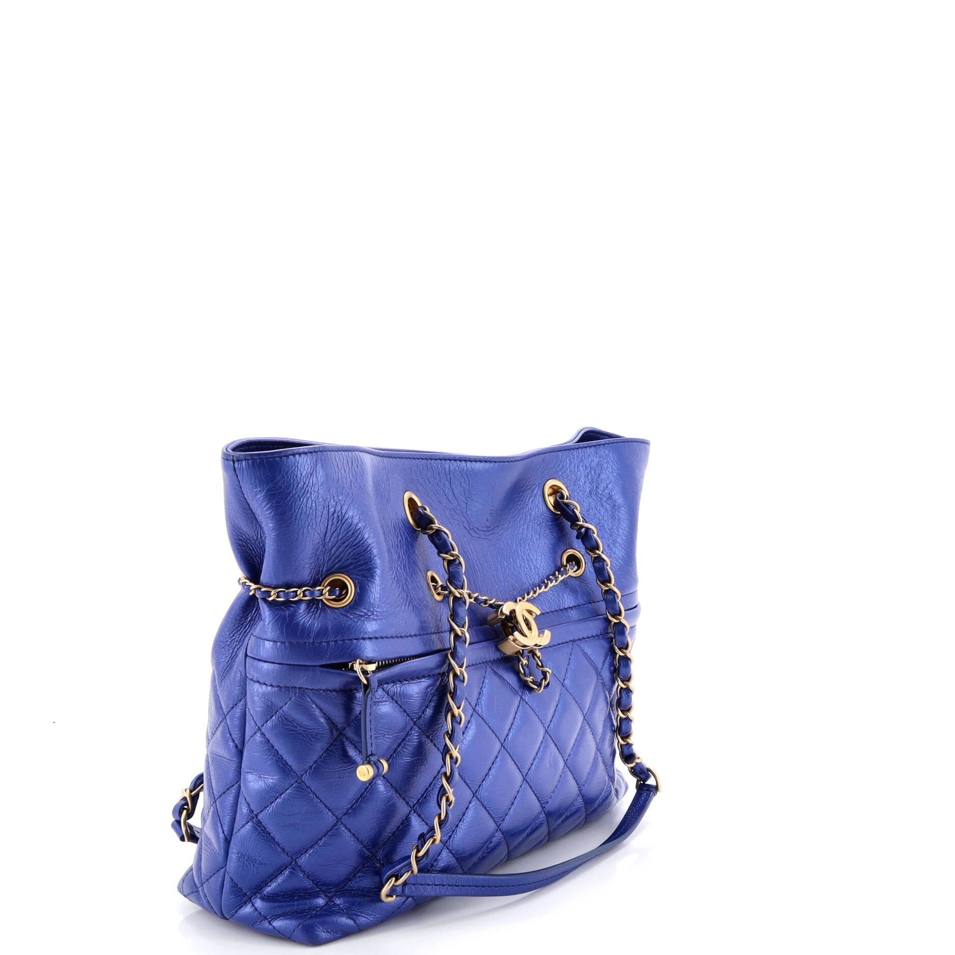 Front Zip CC Drawstring Chain Tote Quilted Calfskin Medium