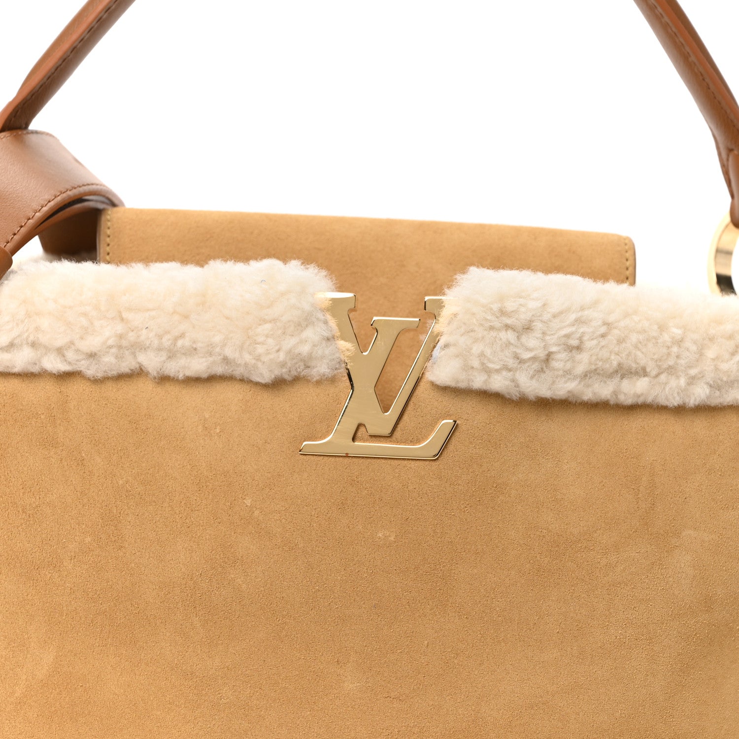 Suede Calfskin Shearling Capucines GM Souple Beige