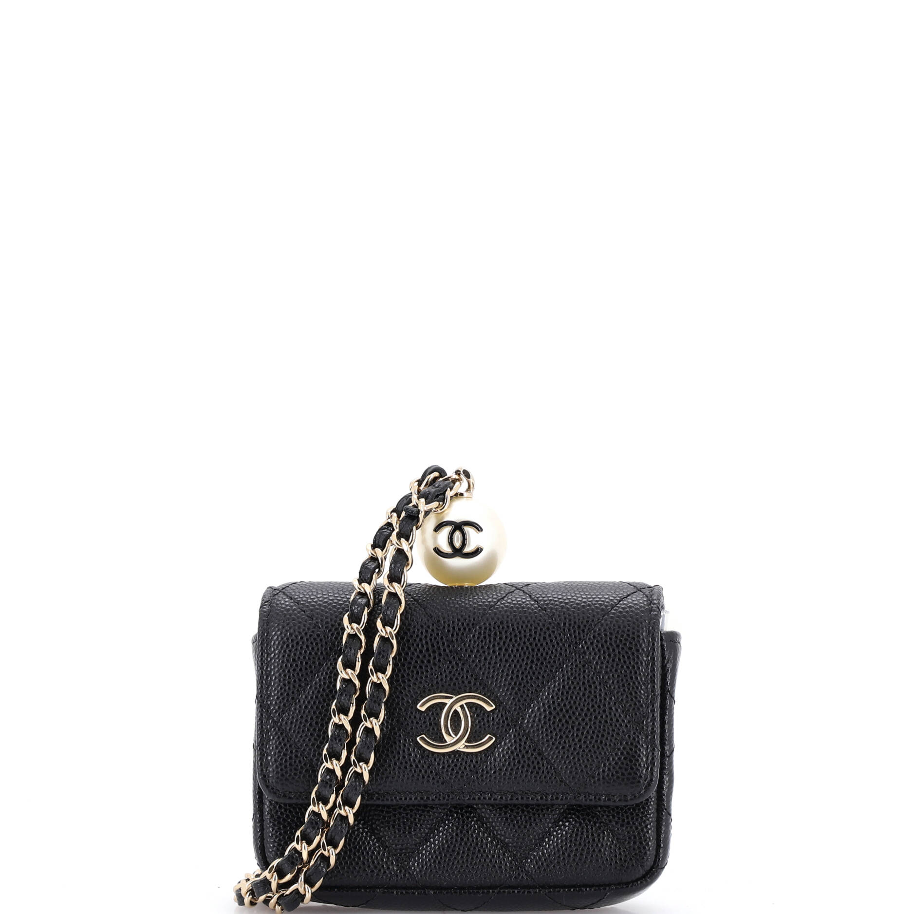 CC Pearl Coin Card Holder with Chain Quilted Caviar