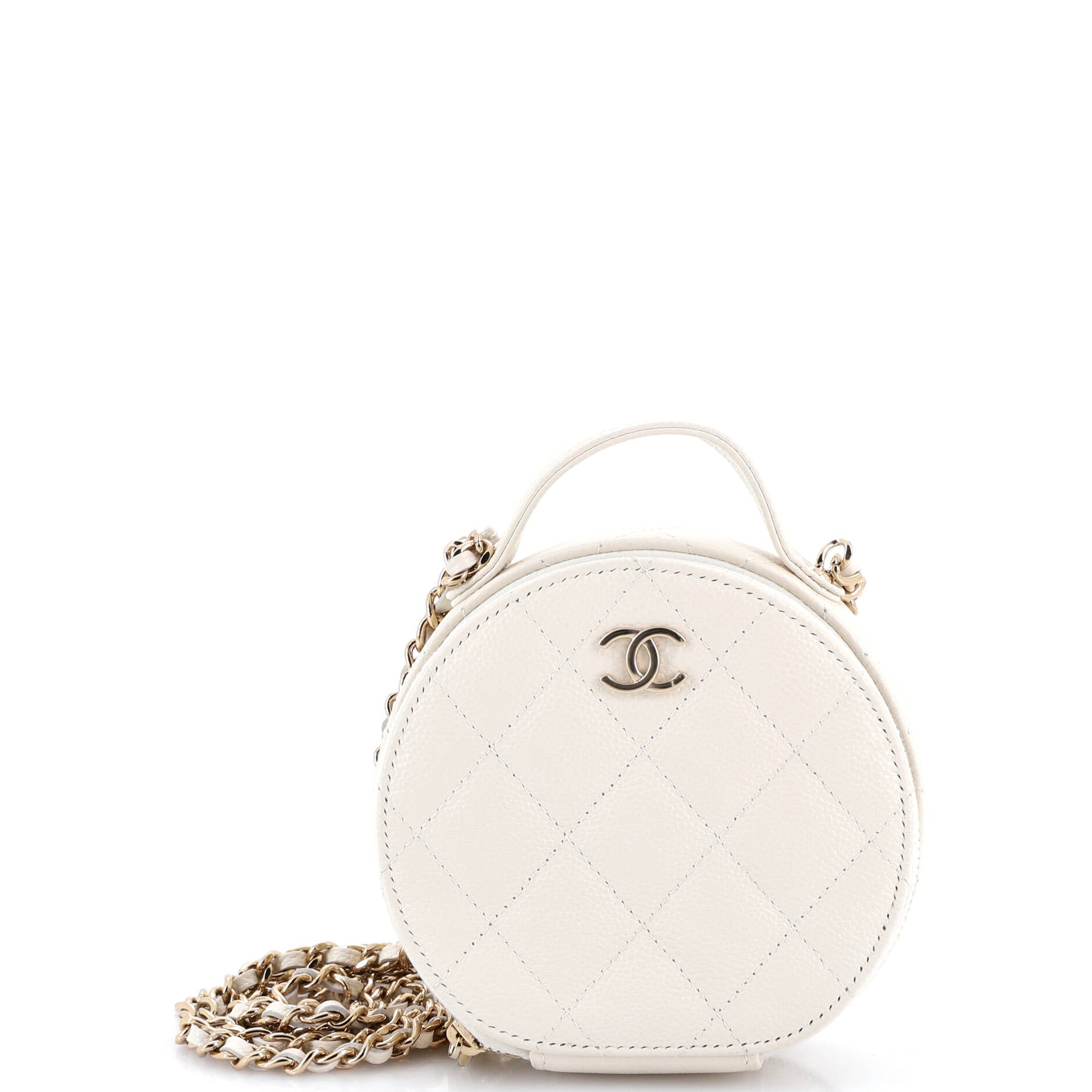 Handle with Care Round Vanity Case with Chain Quilted Caviar Small