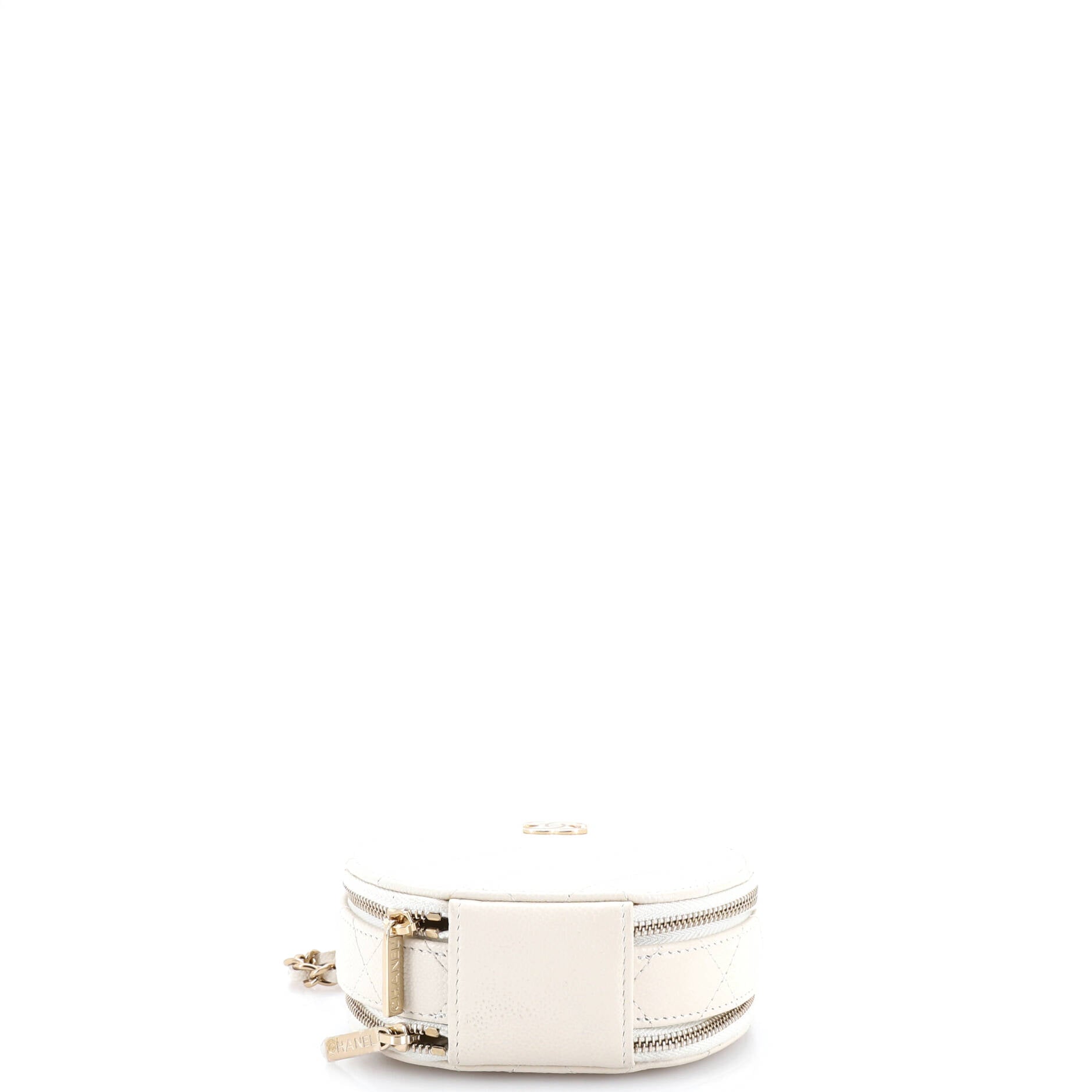 Handle with Care Round Vanity Case with Chain Quilted Caviar Small