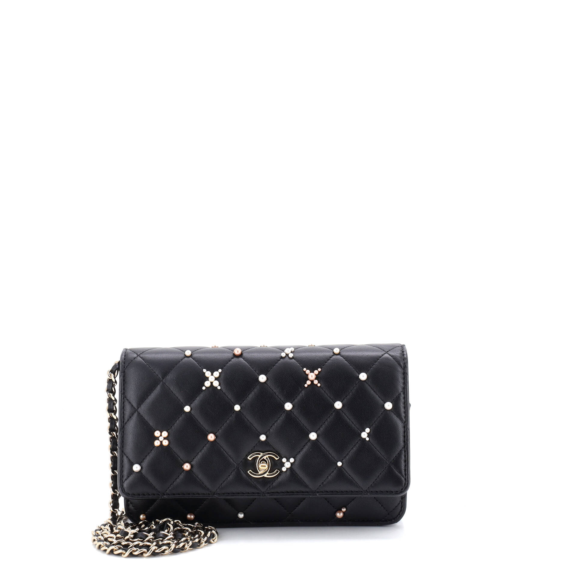 Wallet on Chain Pearl Studded Quilted Lambskin