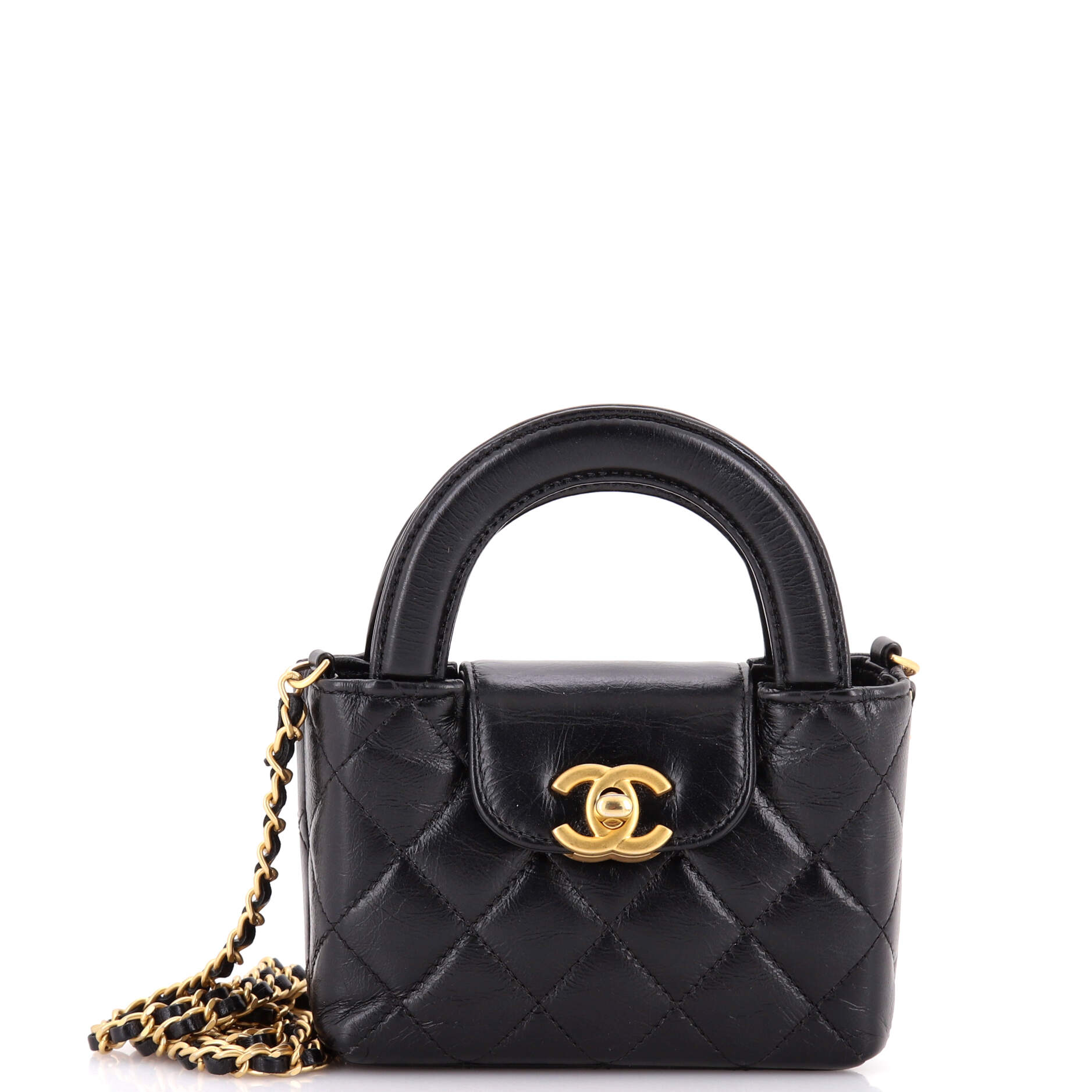 Kelly Top Handle Shopping Bag Quilted Shiny Aged Calfskin Nano