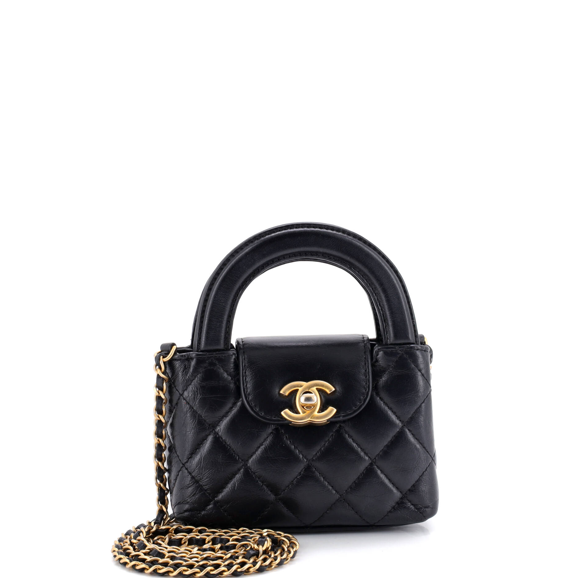 Kelly Top Handle Shopping Bag Quilted Shiny Aged Calfskin Nano