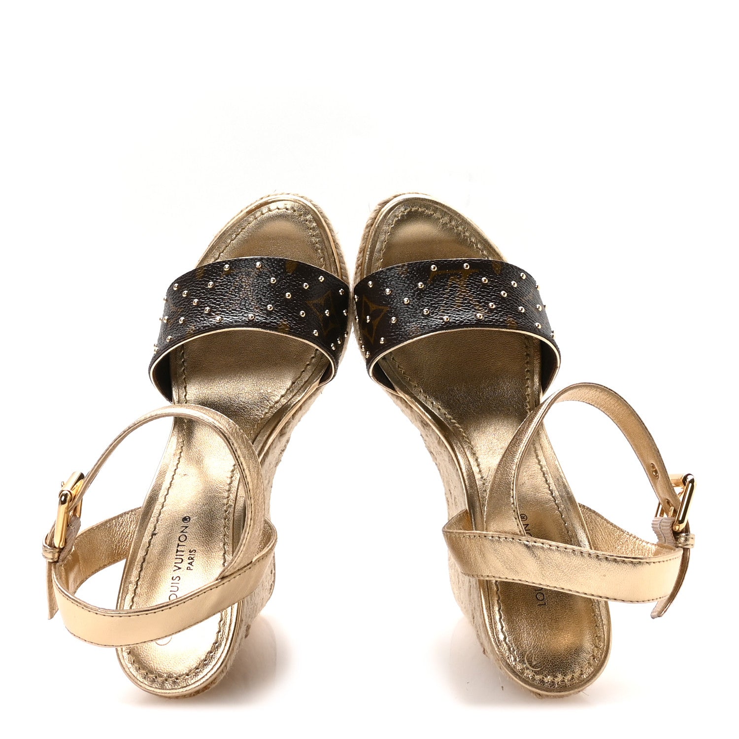 Metallic Monogram Calfskin Studded Wedge Sandals 35 Gold