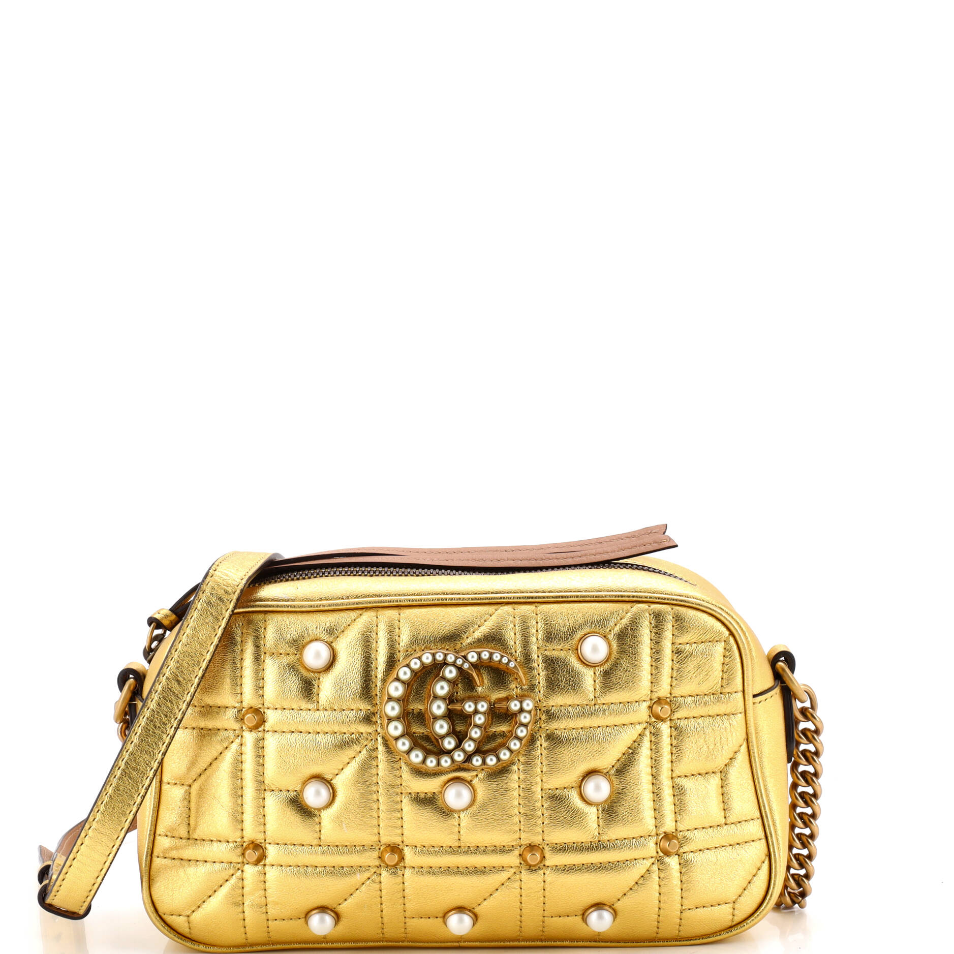 Pearly GG Marmont Shoulder Bag Embellished Matelasse Leather Small