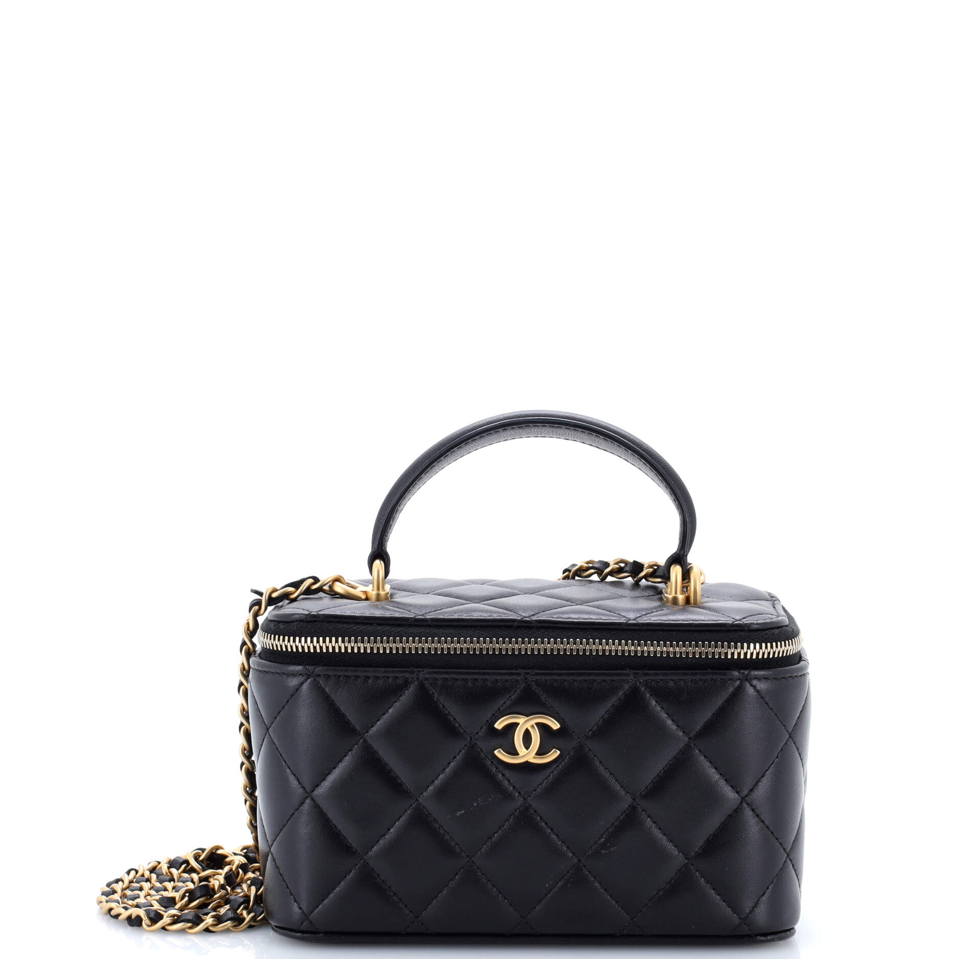 Classic Top Handle Vanity Case with Chain Quilted Lambskin Small