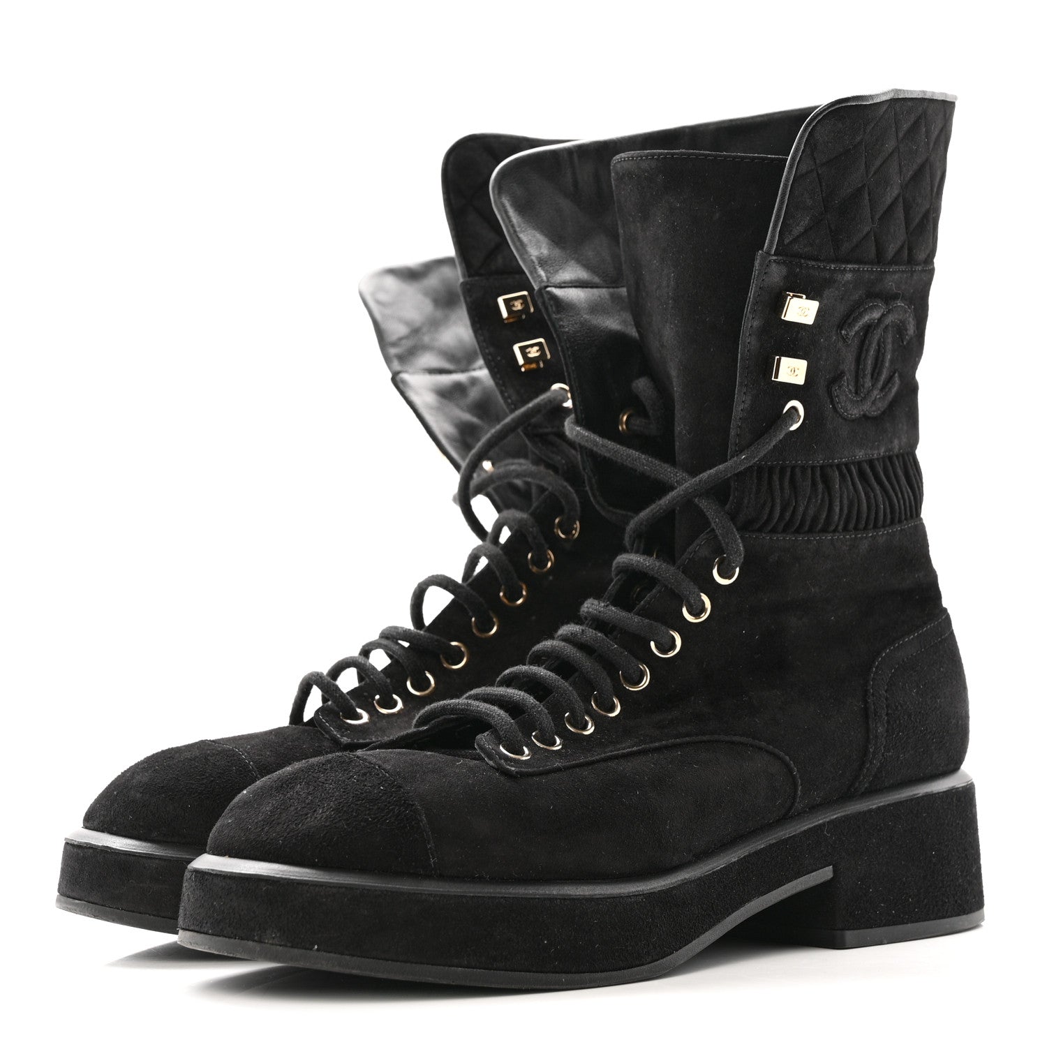 Suede Quilted Lace Up Combat Boots 38.5 Black