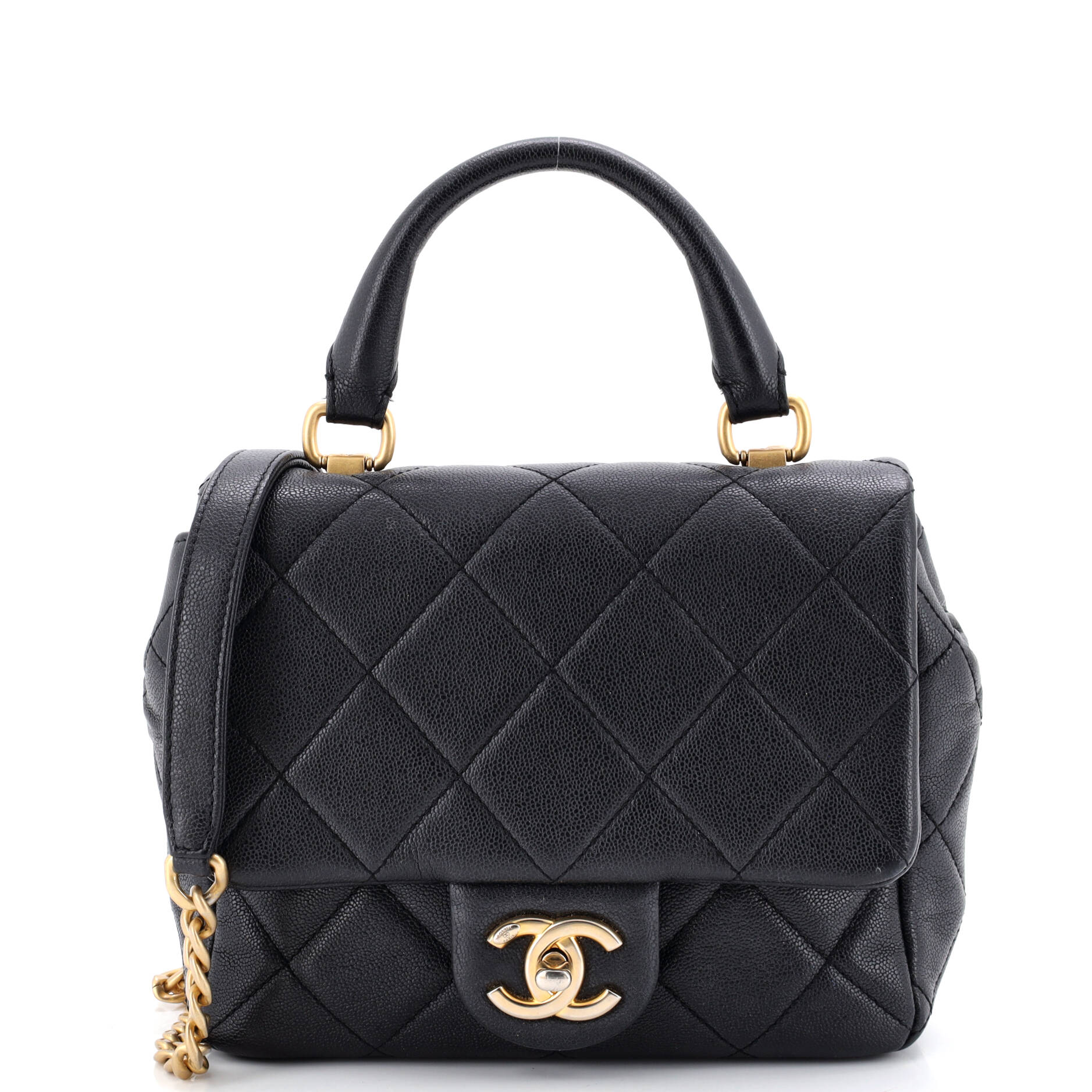 Square Top Handle Flap Bag Quilted Shiny Caviar Mini