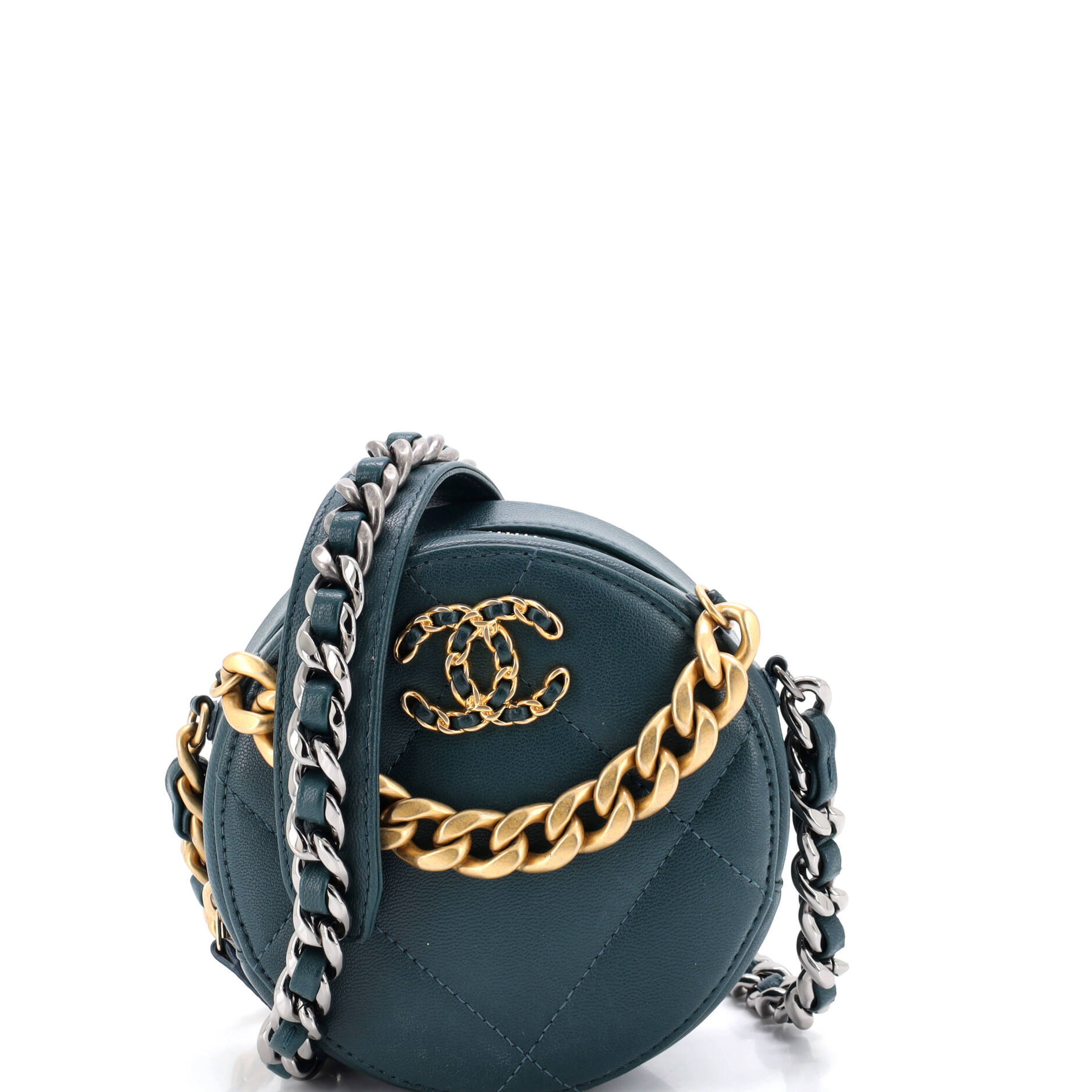 19 Round Clutch with Chain Quilted Leather