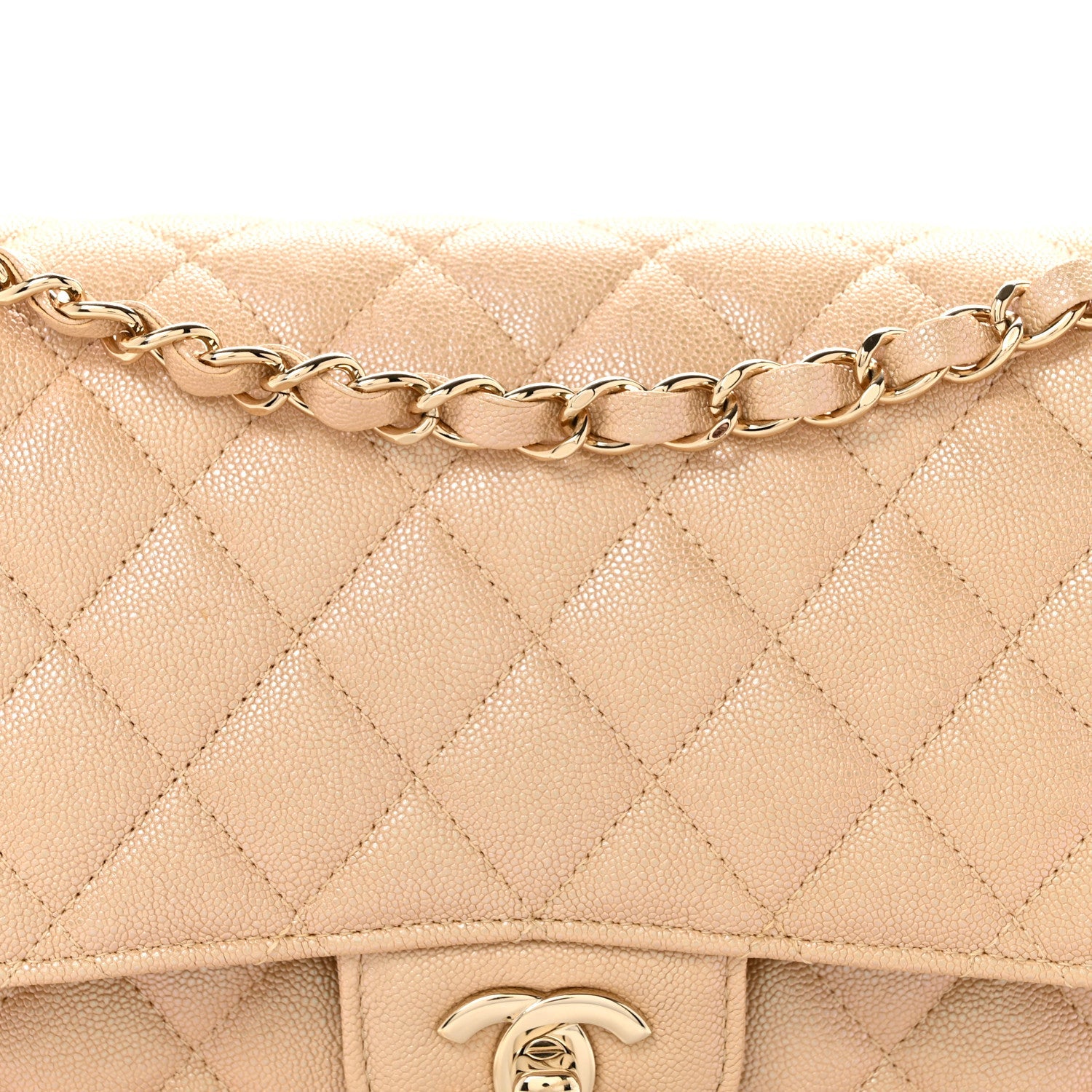 Iridescent Caviar Quilted Medium Double Flap Beige