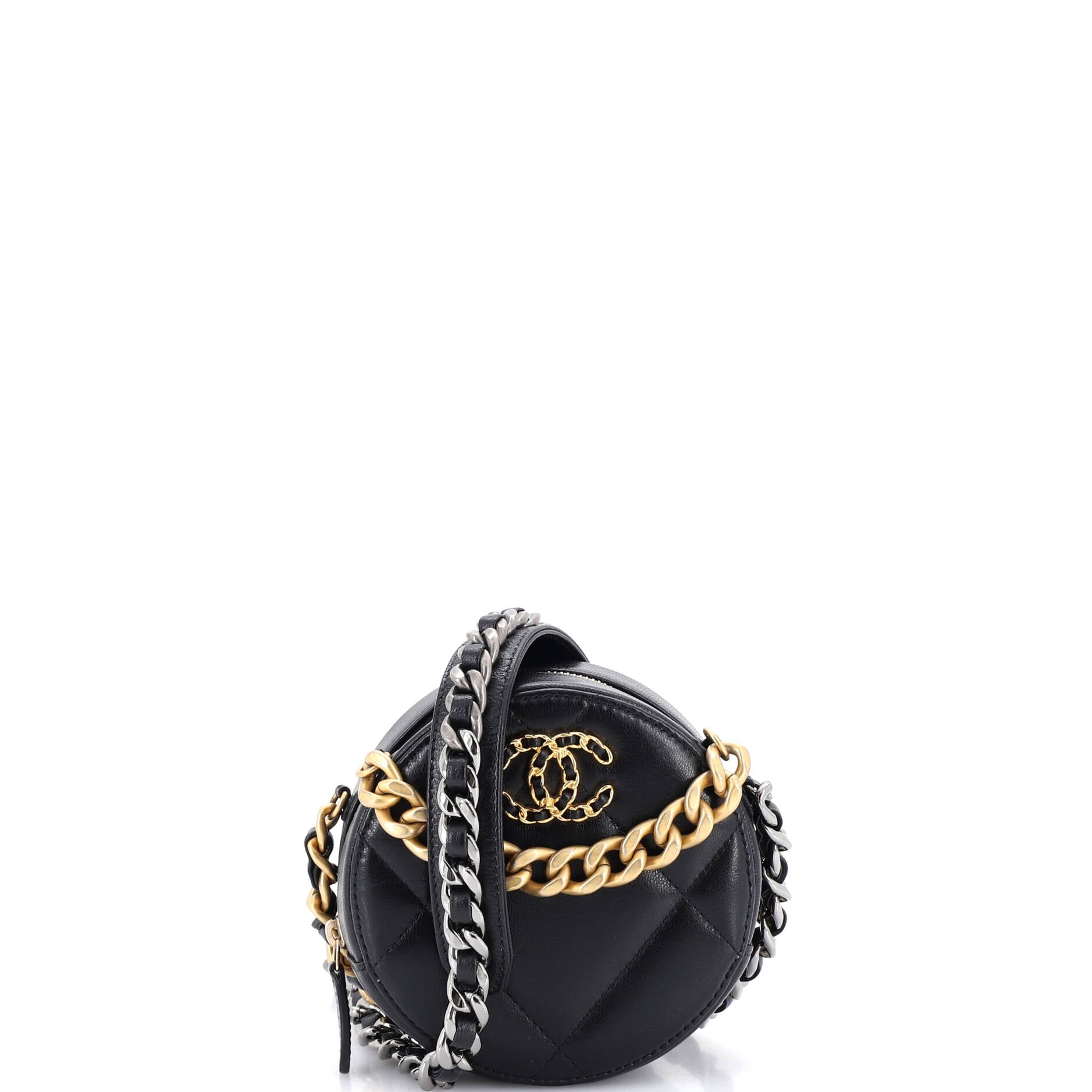 19 Round Clutch with Chain Quilted Leather
