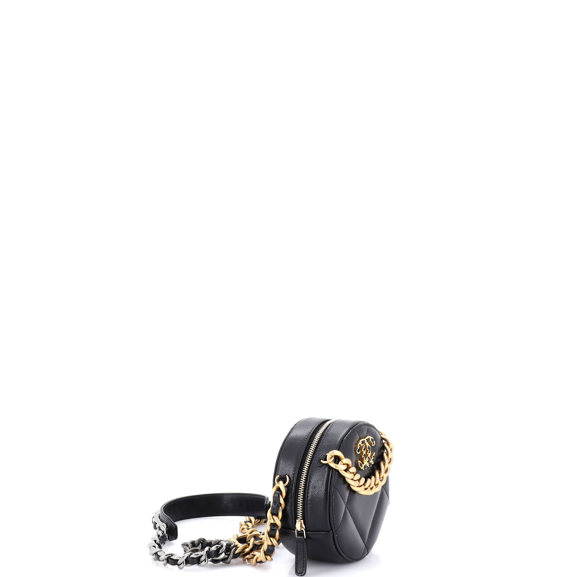 19 Round Clutch with Chain Quilted Leather