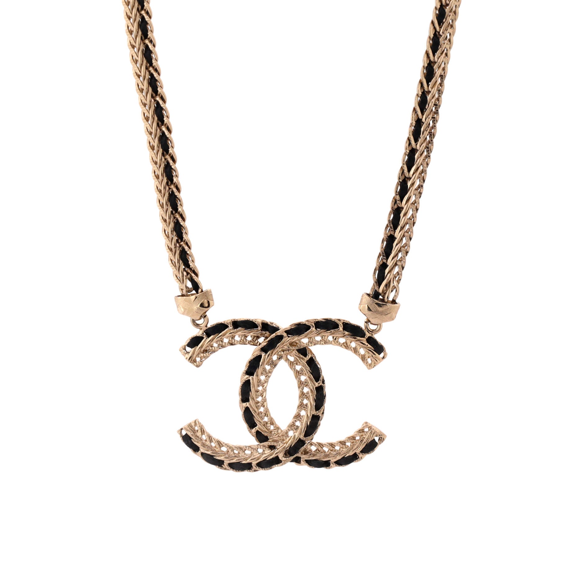 CC Double Chain Pendant Necklace Metal and Leather