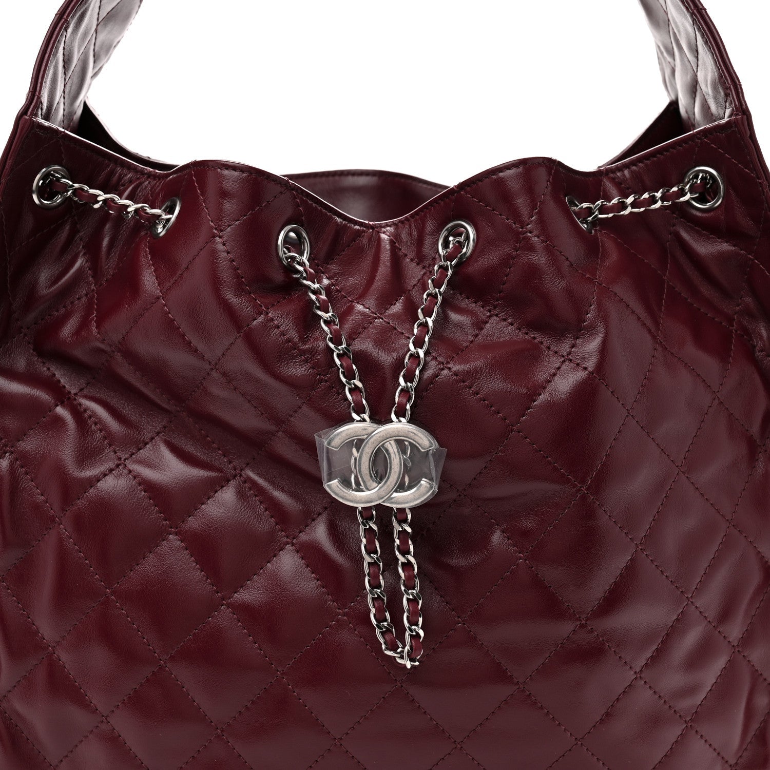 Shiny Crumpled Calfskin Quilted Medium Chanel 25 Handbag Dark Burgundy