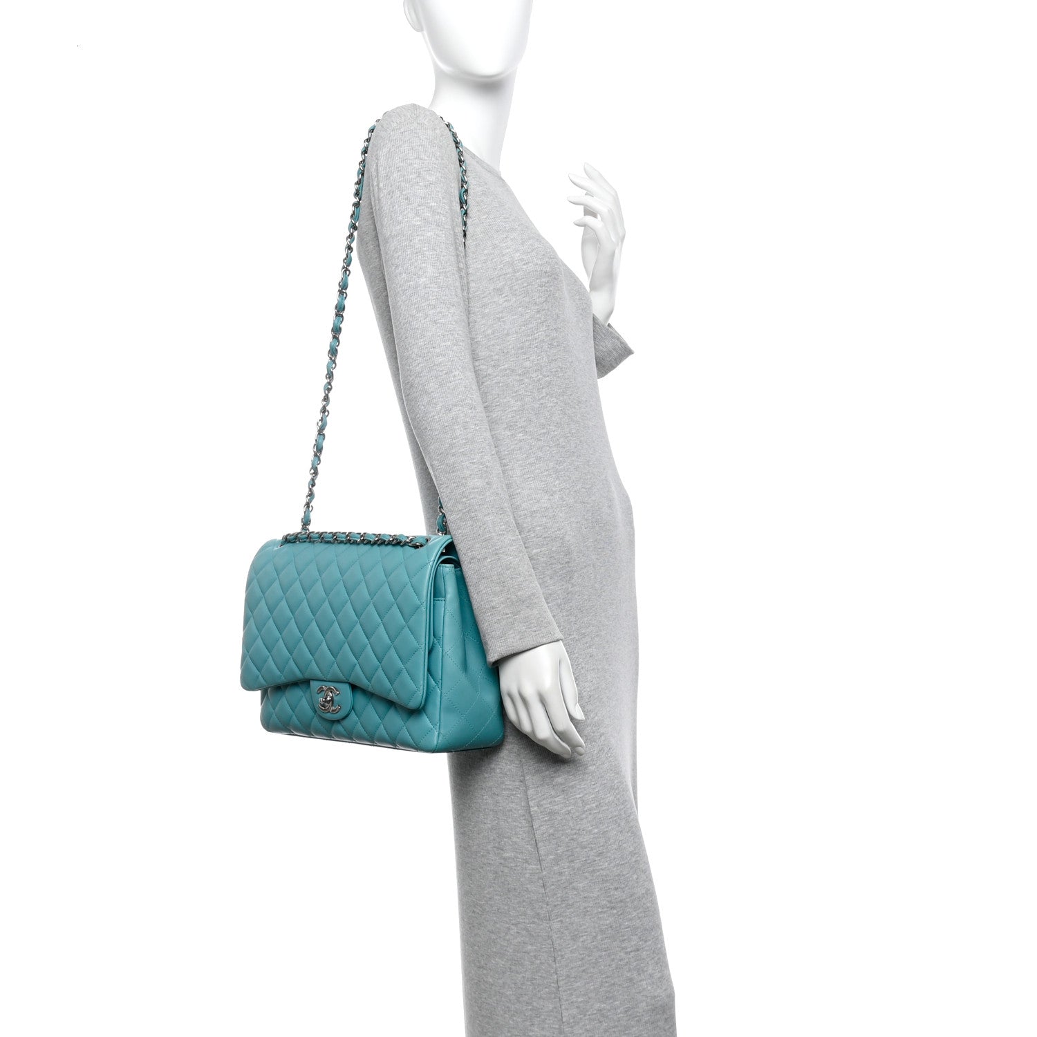 Lambskin Quilted Maxi Double Flap Light Blue