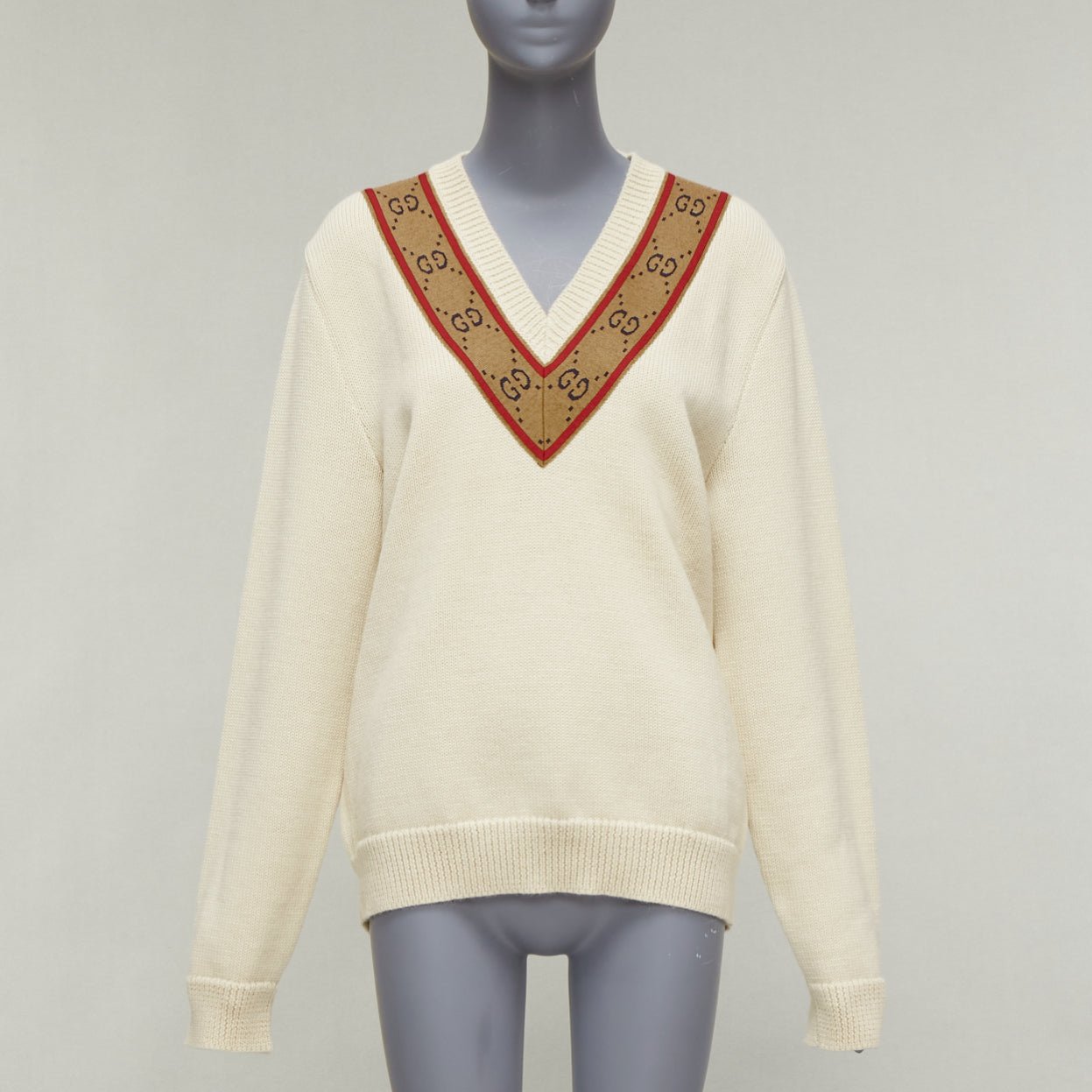 Women's Gucci wool GG monogram V-neck varsity sweater