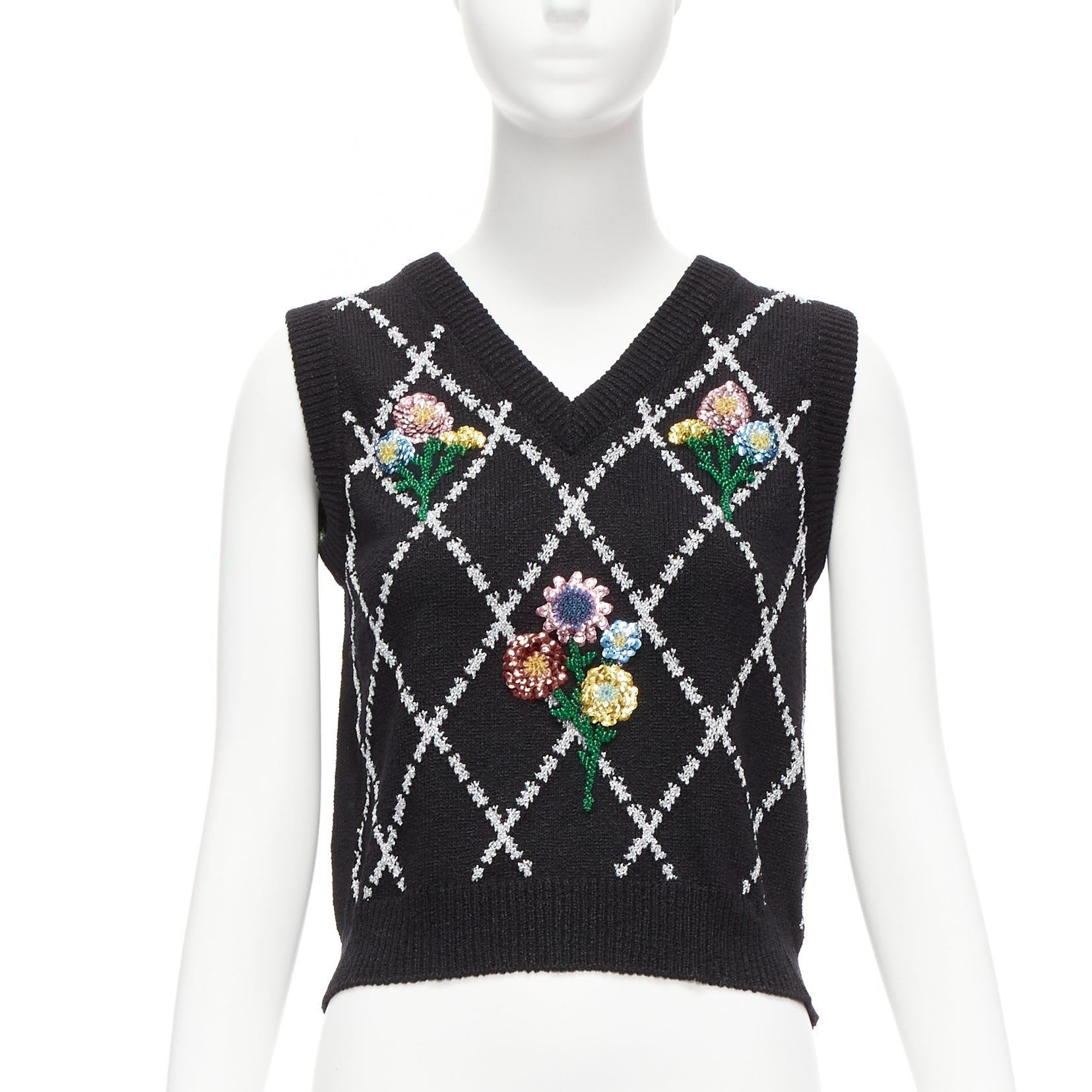 Women's Gucci silver diamong argyle floral embellished sweater vest