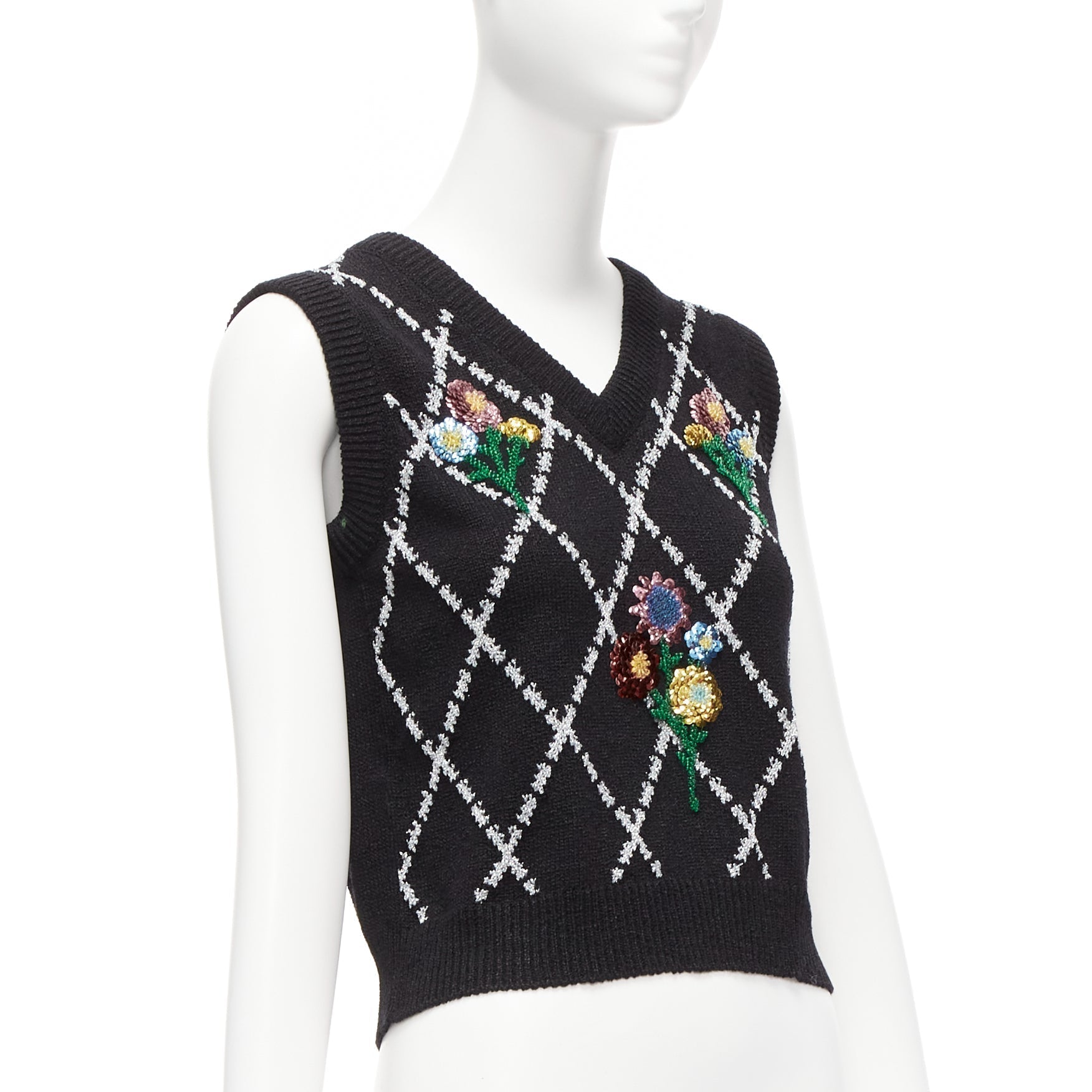 Women's Gucci silver diamong argyle floral embellished sweater vest