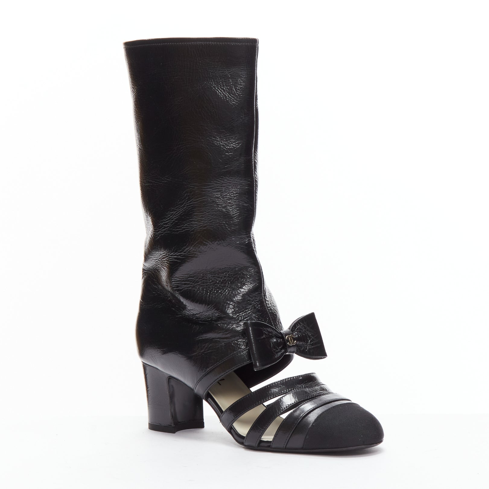 Women's Chanel silver CC bow leather cut out boots