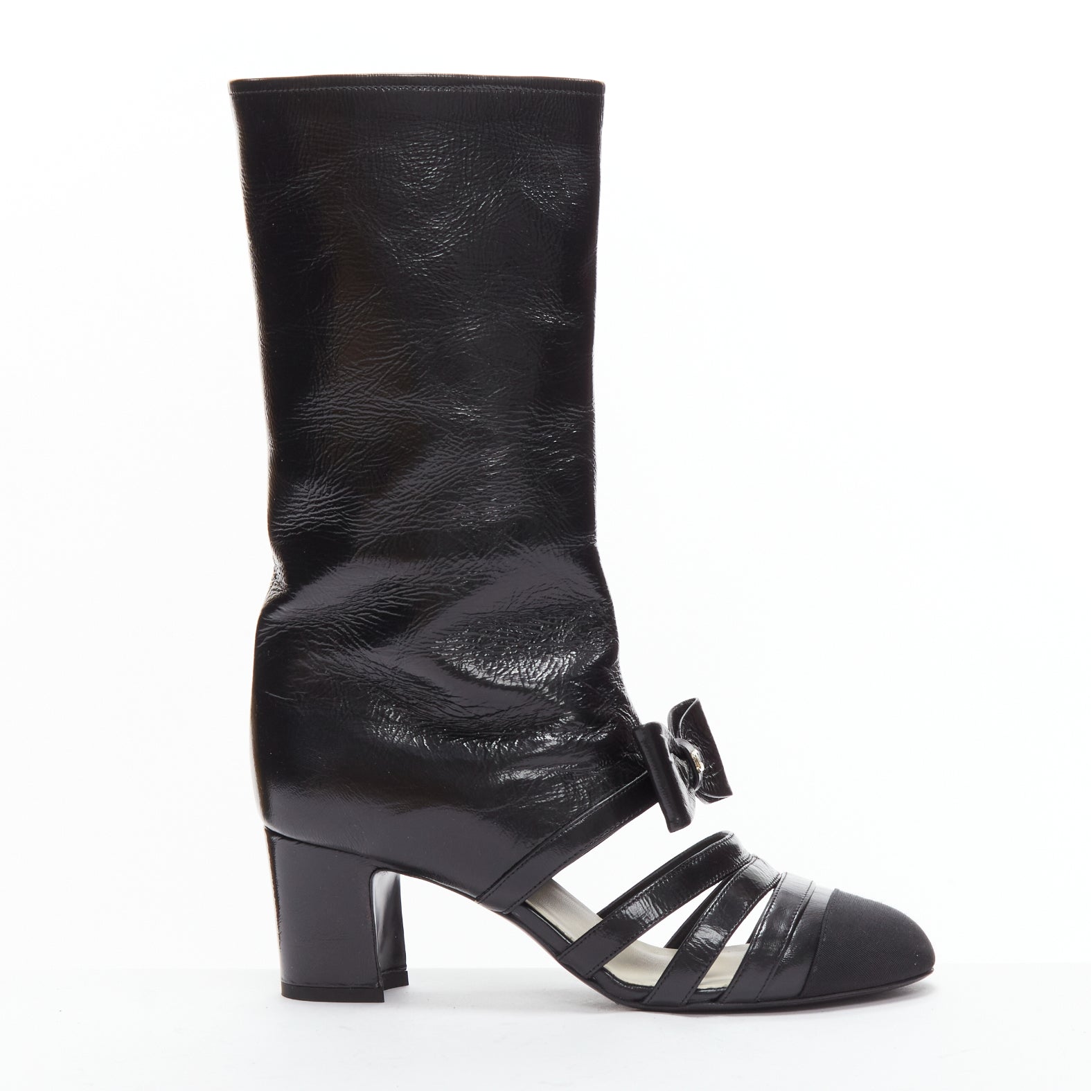 Women's Chanel silver CC bow leather cut out boots