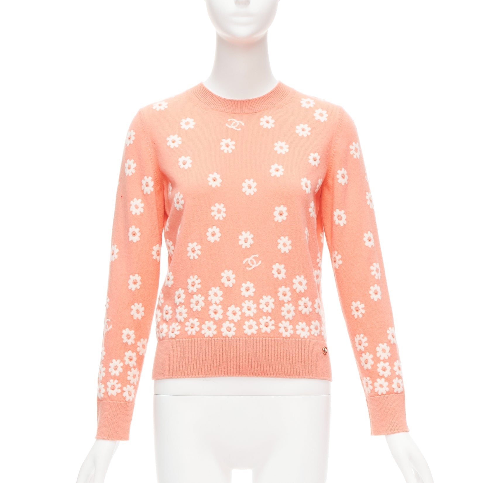 Women's Chanel peach cashmere blend floral CC knitted pullover sweater
