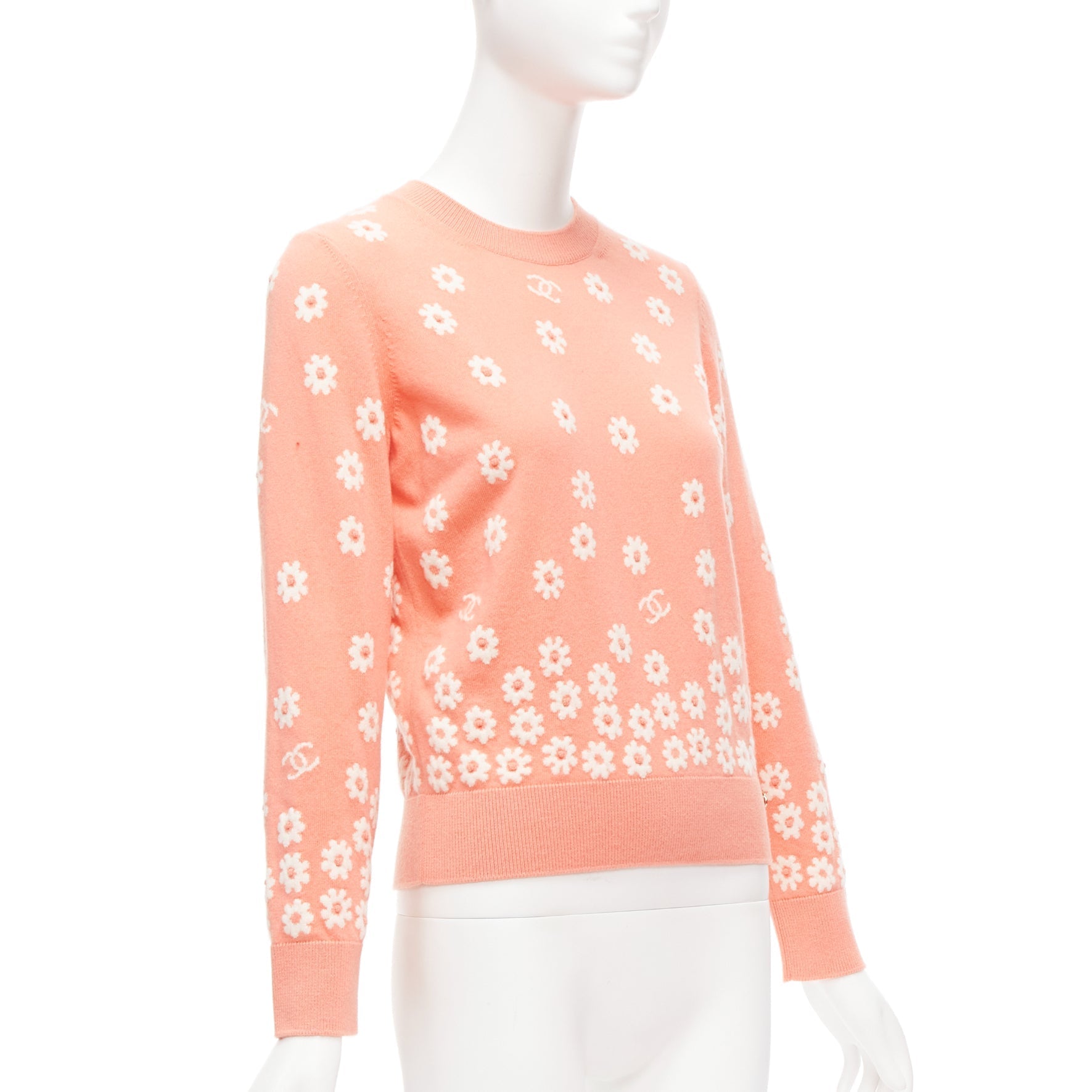 Women's Chanel peach cashmere blend floral CC knitted pullover sweater