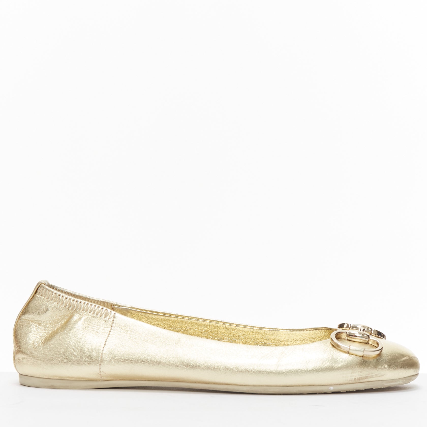 Women's Gucci metallic Horsebbuckle round toe ballerina flats